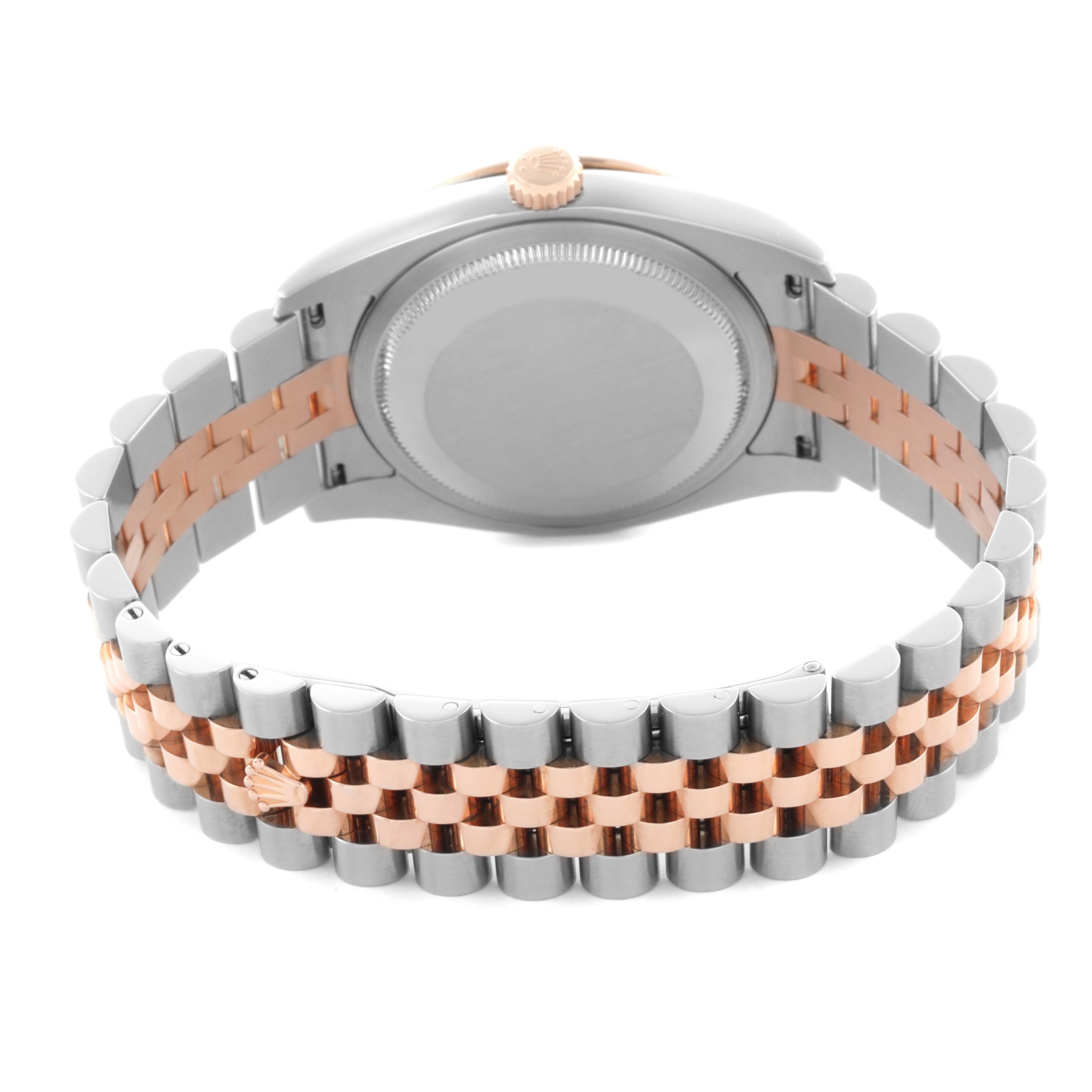 The image shows the back view of a Rolex Turn-o-Graph 116261 Men's Steel and Gold (two tone) Black Dial 116261 Men's Steel and Gold (two tone) Black Dial watch, highlighting the case back and two-tone bracelet.