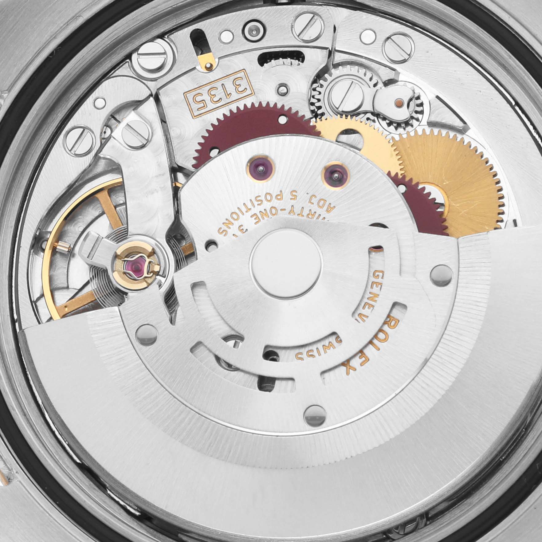 The image shows the movement mechanism of a Rolex Turn-o-Graph 116261 Men's Steel and Gold (two tone) Black Dial 116261 Men's Steel and Gold (two tone) Black Dial, featuring gears and components from the back.