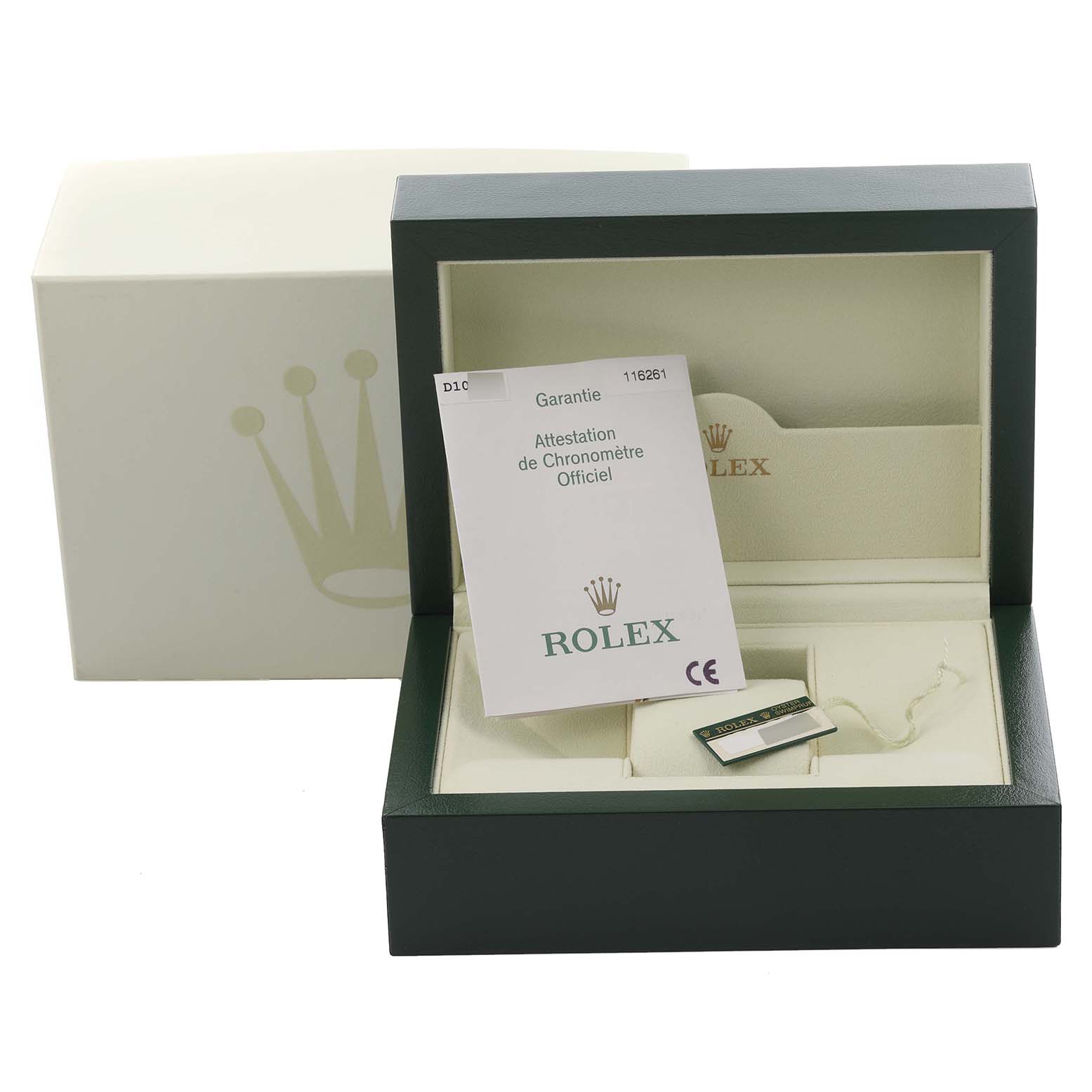 The image shows a Rolex Turn-o-Graph 116261 Men's Steel and Gold (two tone) Black Dial 116261 Men's Steel and Gold (two tone) Black Dial box containing the watch and its warranty card, viewed from the front.