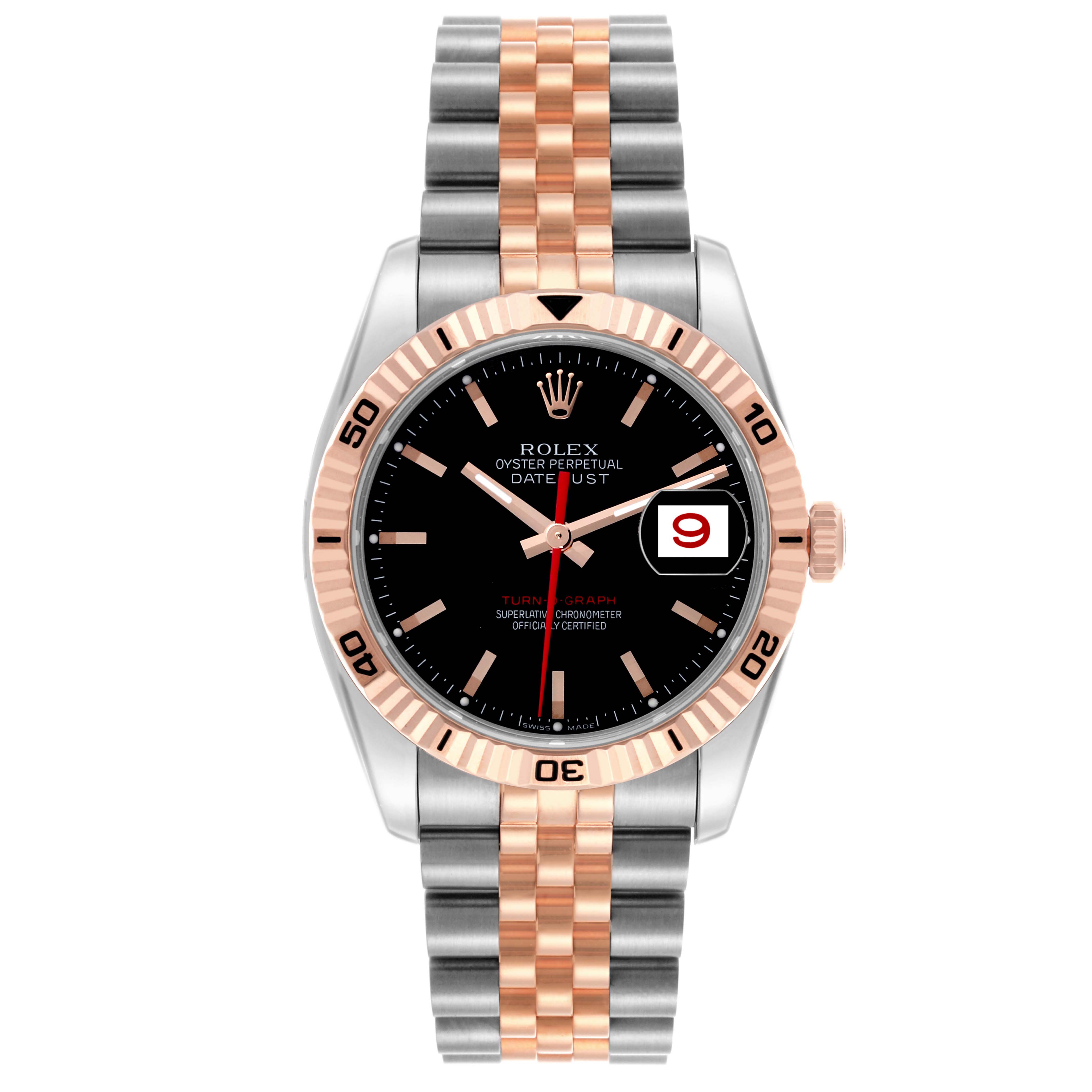 The Rolex Turn-o-Graph 116261 Men's Steel and Gold (two tone) Black Dial 116261 Men's Steel and Gold (two tone) Black Dial watch is shown from a top view, displaying the dial, bezel, and two-tone bracelet.