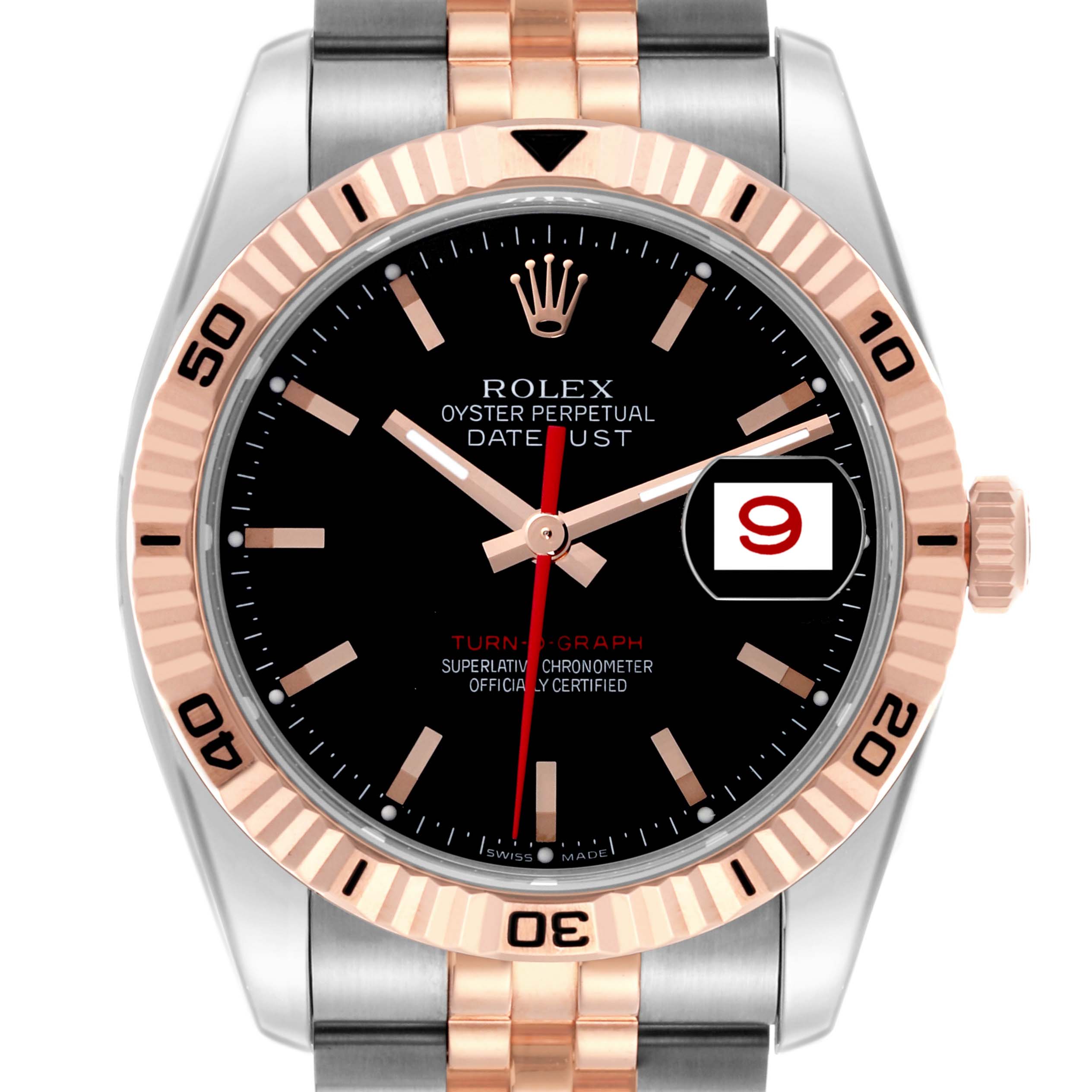 The image shows a frontal view of a Rolex Turn-o-Graph 116261 Men's Steel and Gold (two tone) Black Dial 116261 Men's Steel and Gold (two tone) Black Dial watch, highlighting the face, bezel, and bracelet.