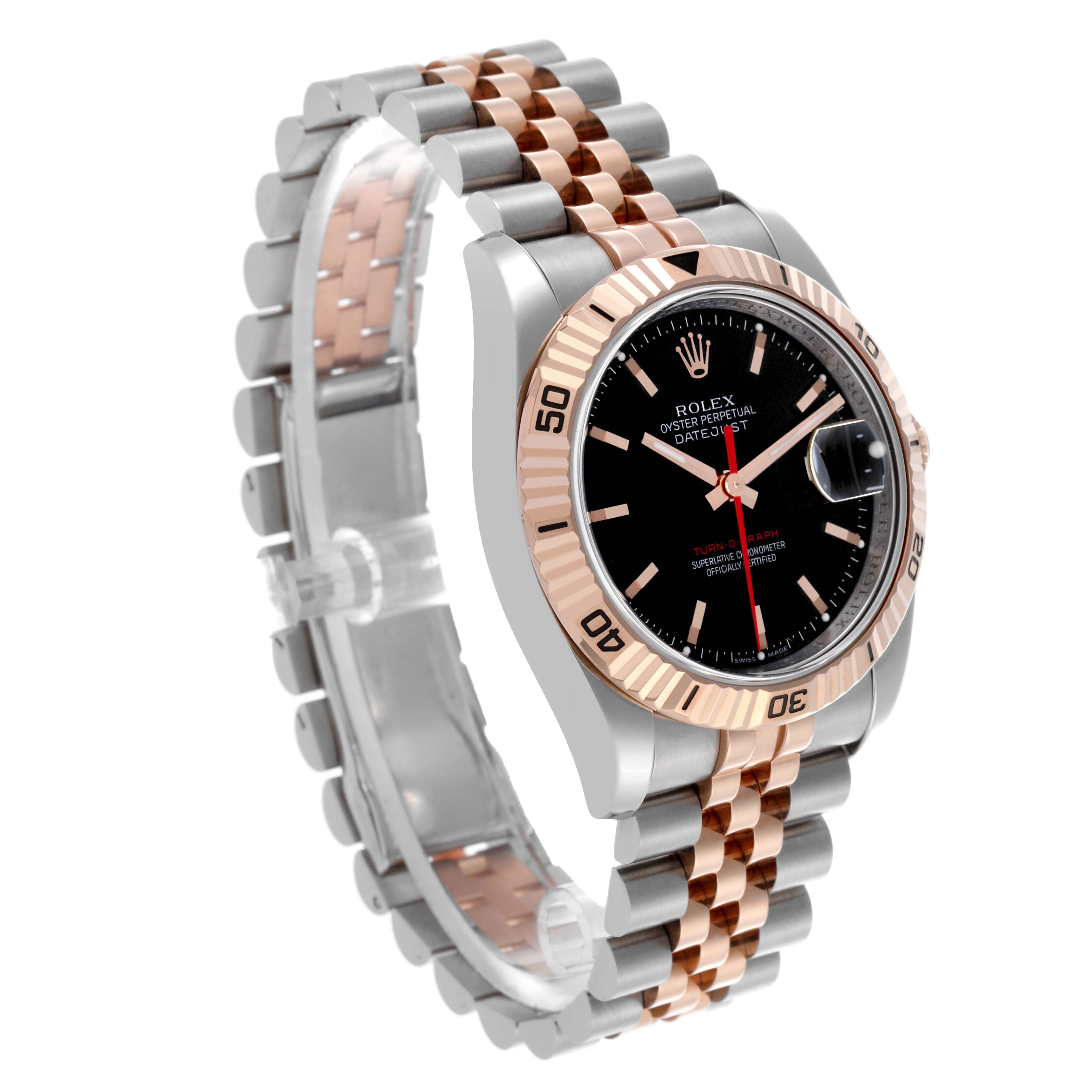 The Rolex Turn-o-Graph 116261 Men's Steel and Gold (two tone) Black Dial 116261 Men's Steel and Gold (two tone) Black Dial watch is shown at a three-quarter angle, displaying the face, bezel, and bracelet clearly.