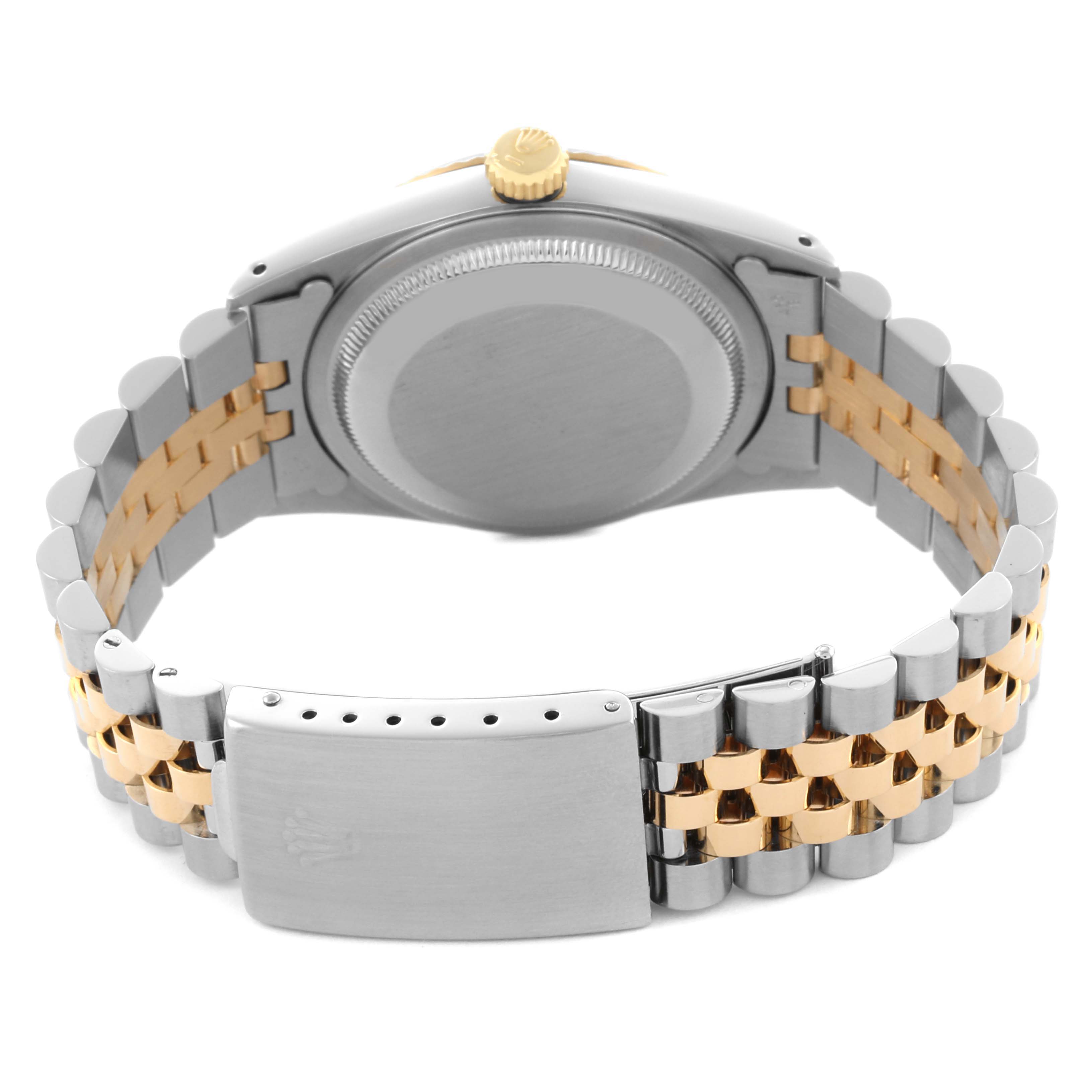 The image shows the back of a Rolex Datejust 16233 Men's Steel and Gold (two tone) Blue Dial 16233 Men's Steel and Gold (two tone) Blue Dial watch, highlighting the case back, crown, and two-tone bracelet with clasp.