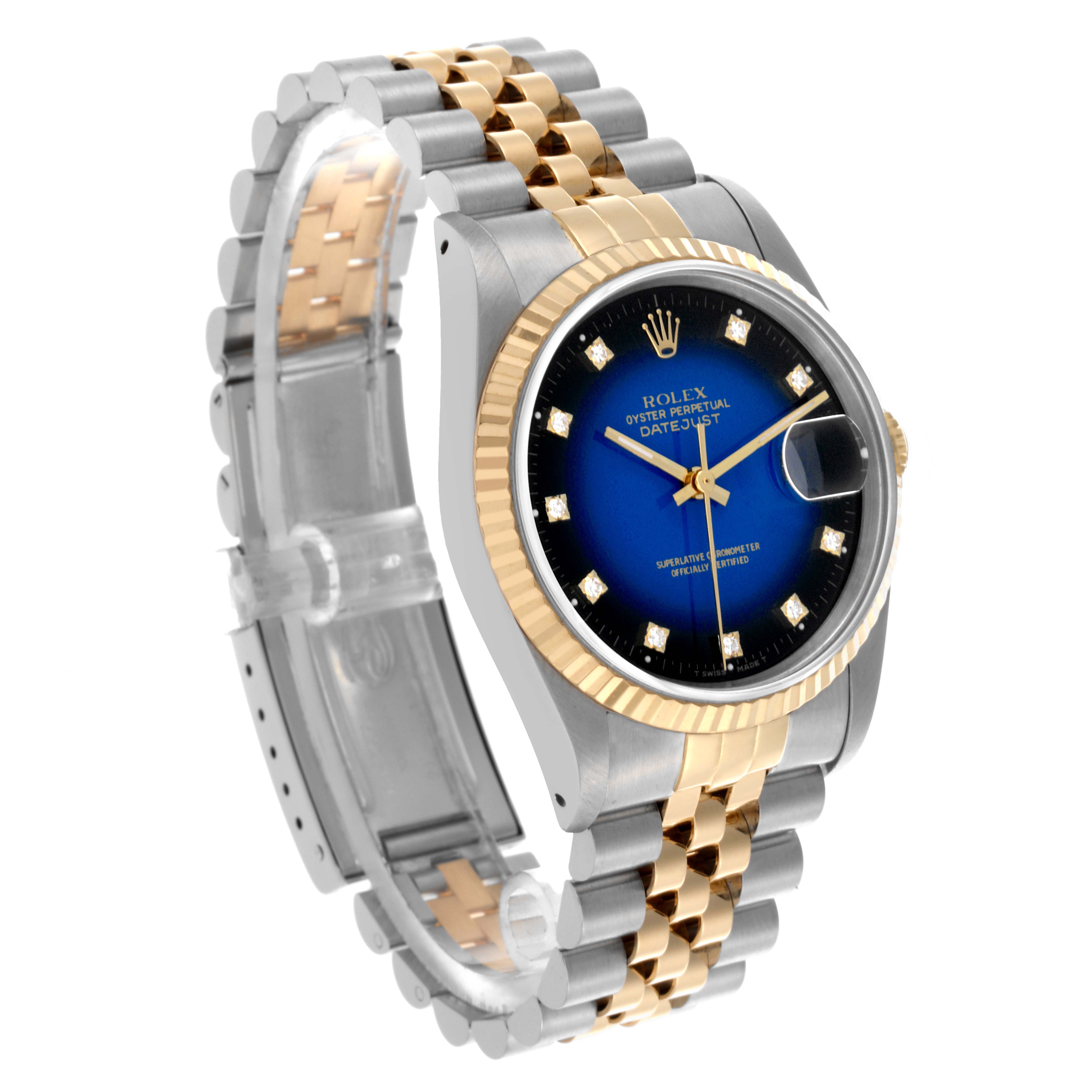 The Rolex Datejust 16233 Men's Steel and Gold (two tone) Blue Dial 16233 Men's Steel and Gold (two tone) Blue Dial watch is shown at an angle highlighting its face, bezel, and two-tone bracelet.