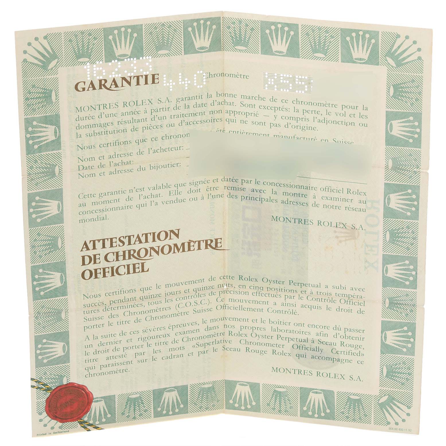 The image shows a warranty certificate for the Rolex Datejust 16233 Men's Steel and Gold (two tone) Blue Dial 16233 Men's Steel and Gold (two tone) Blue Dial, displaying text with decorative borders featuring the Rolex crown logo.