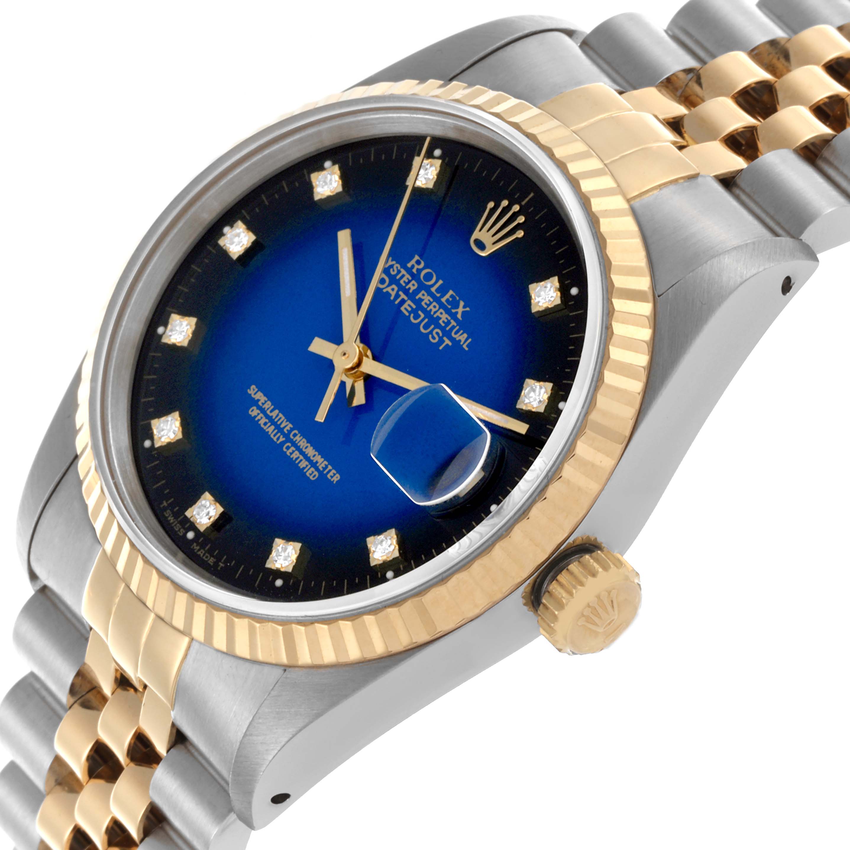 The Rolex Datejust 16233 Men's Steel and Gold (two tone) Blue Dial 16233 Men's Steel and Gold (two tone) Blue Dial watch is shown at a slight side angle, highlighting its blue dial, bezel, and two-tone bracelet.