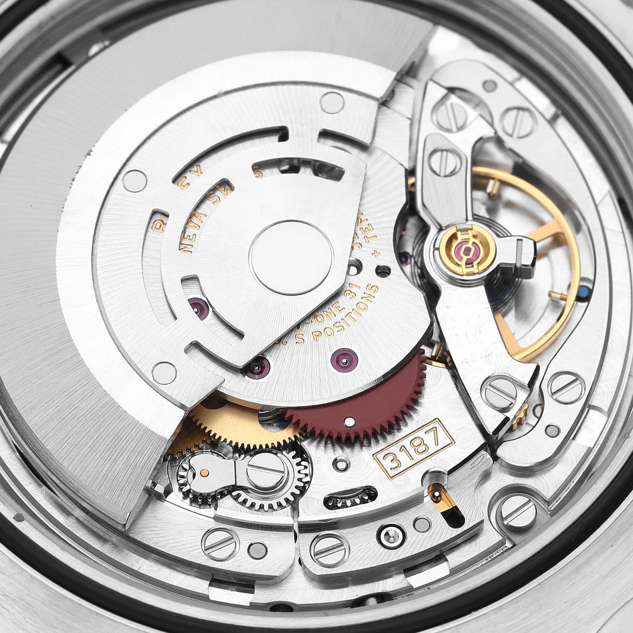 This image shows a close-up view of the movement mechanics inside the Rolex Explorer 216570 Men's Stainless Steel Black Dial 216570 Men's Stainless Steel Black Dial watch.