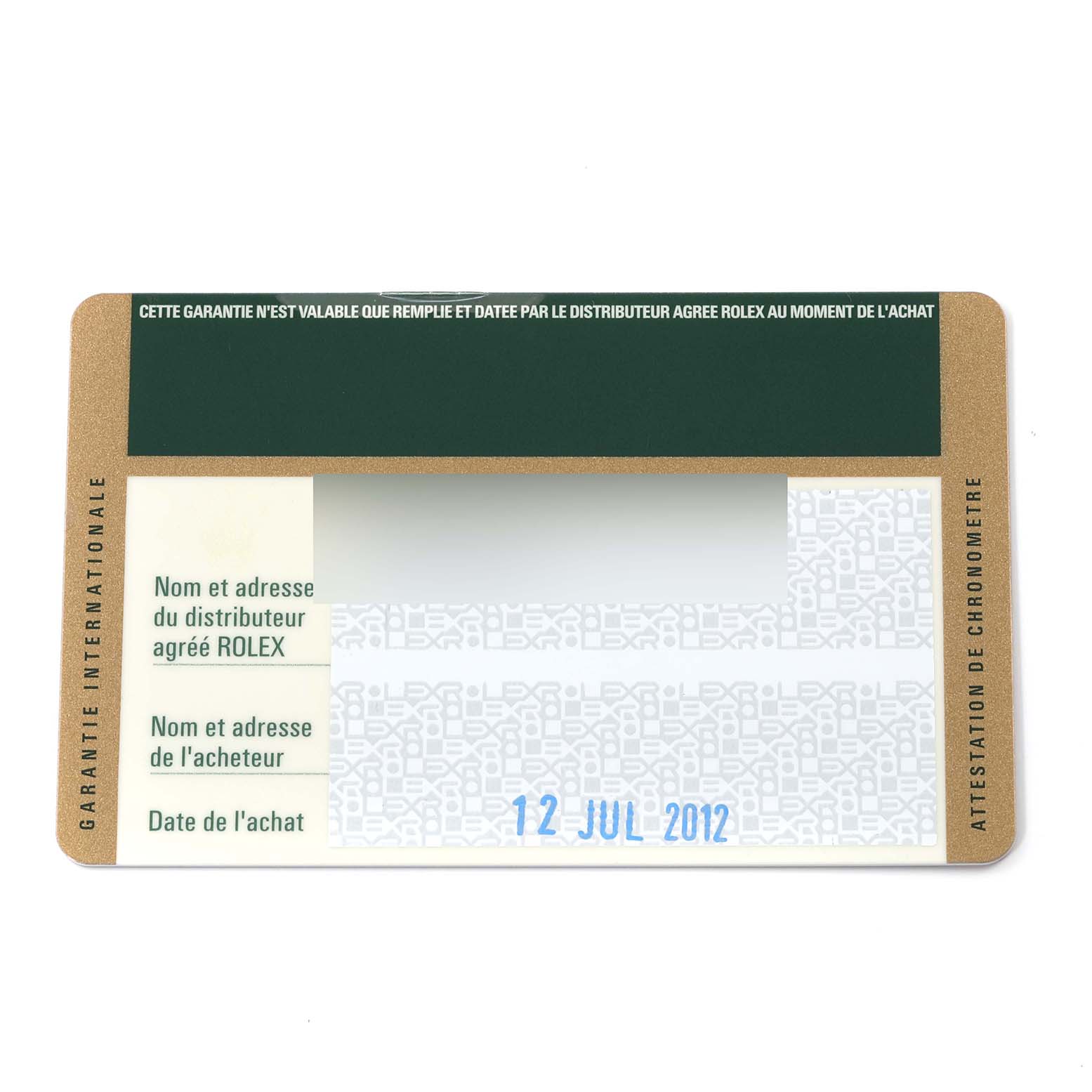 This is a warranty card for a Rolex Explorer 216570 Men's Stainless Steel Black Dial 216570 Men's Stainless Steel Black Dial watch, showing the purchase date and dealer information sections.