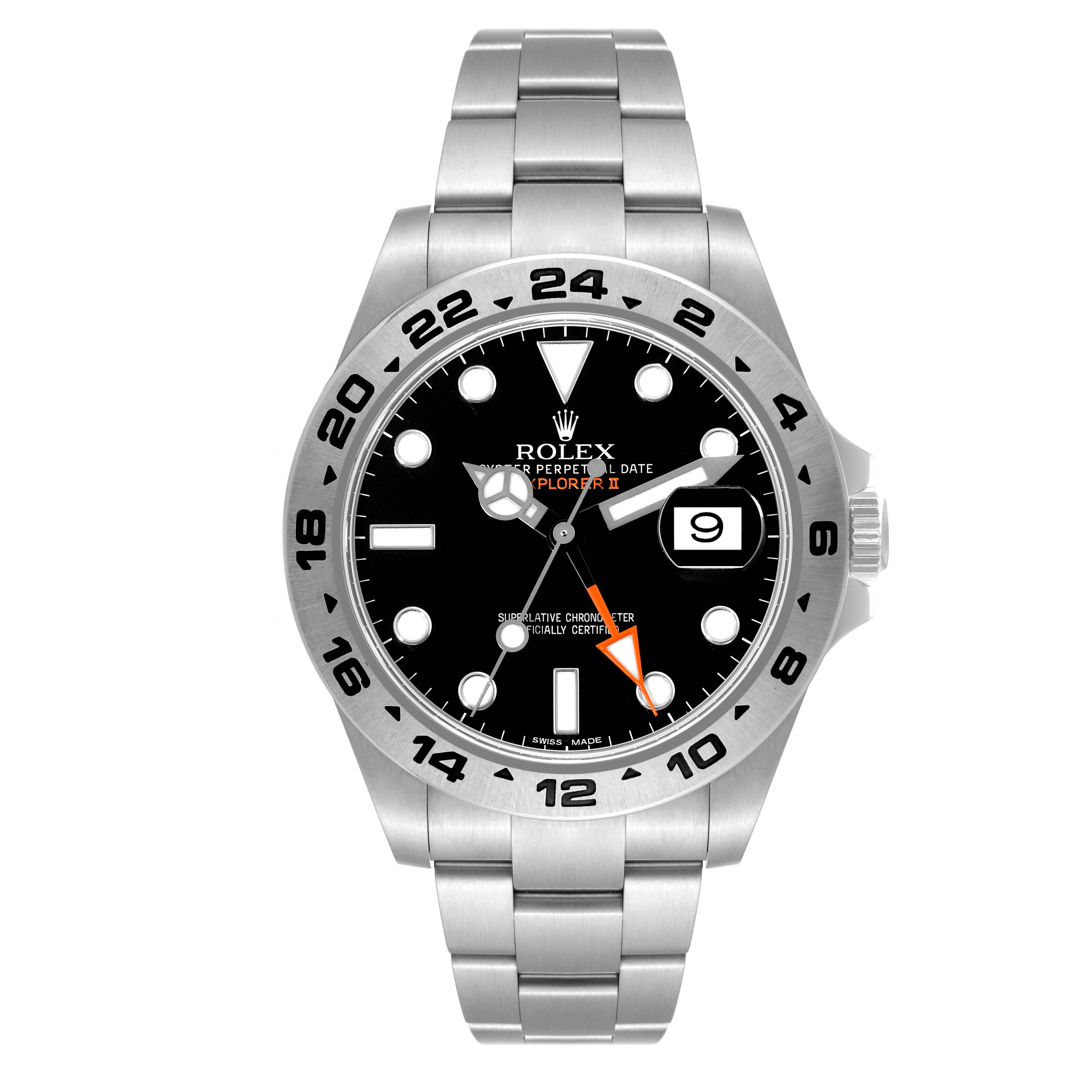 This image displays a front view of a Rolex Explorer 216570 Men's Stainless Steel Black Dial 216570 Men's Stainless Steel Black Dial watch, showing the dial, bezel, and stainless steel bracelet.