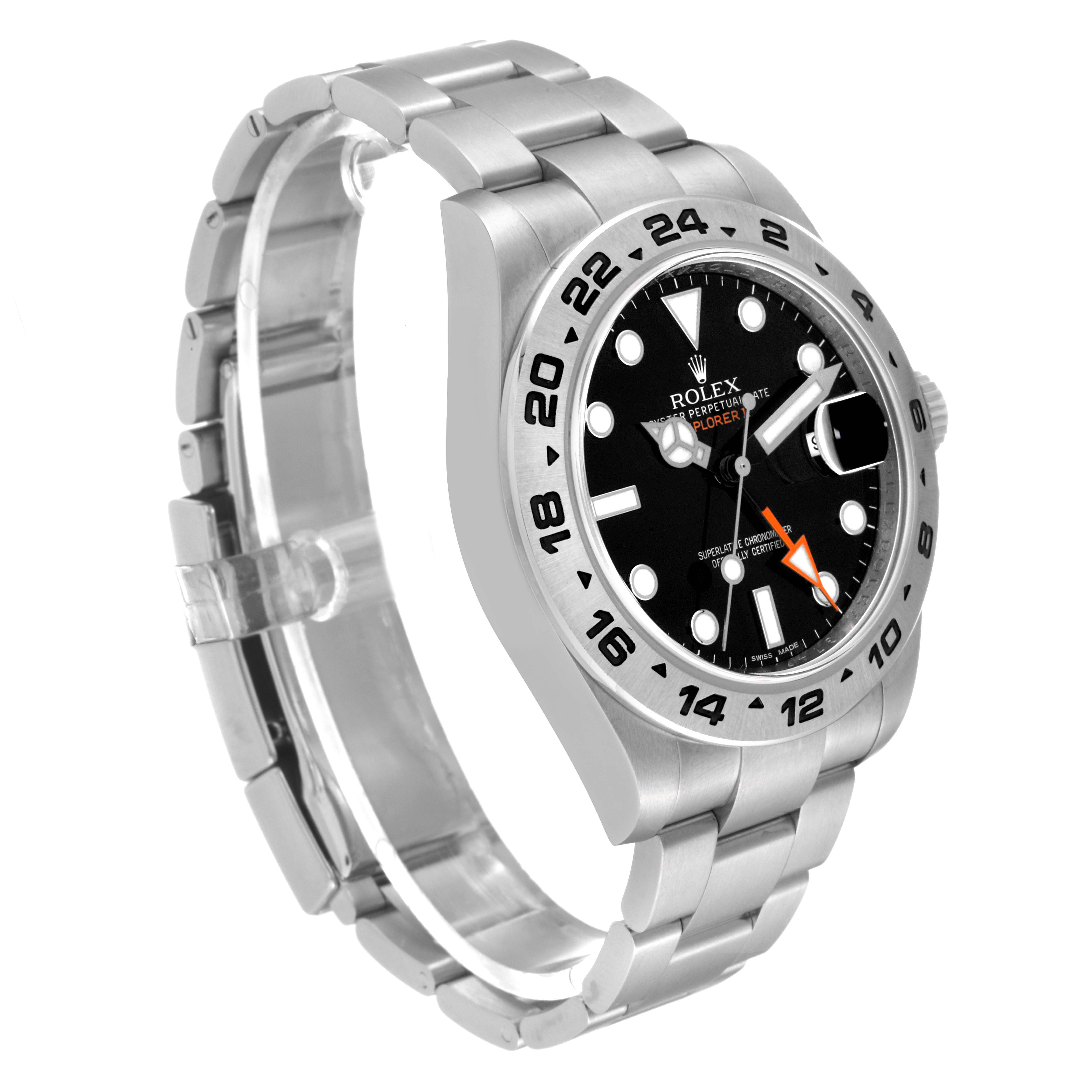 The Rolex Explorer 216570 Men's Stainless Steel Black Dial 216570 Men's Stainless Steel Black Dial model watch is shown at a three-quarter angle, highlighting the watch face, bezel, and bracelet.