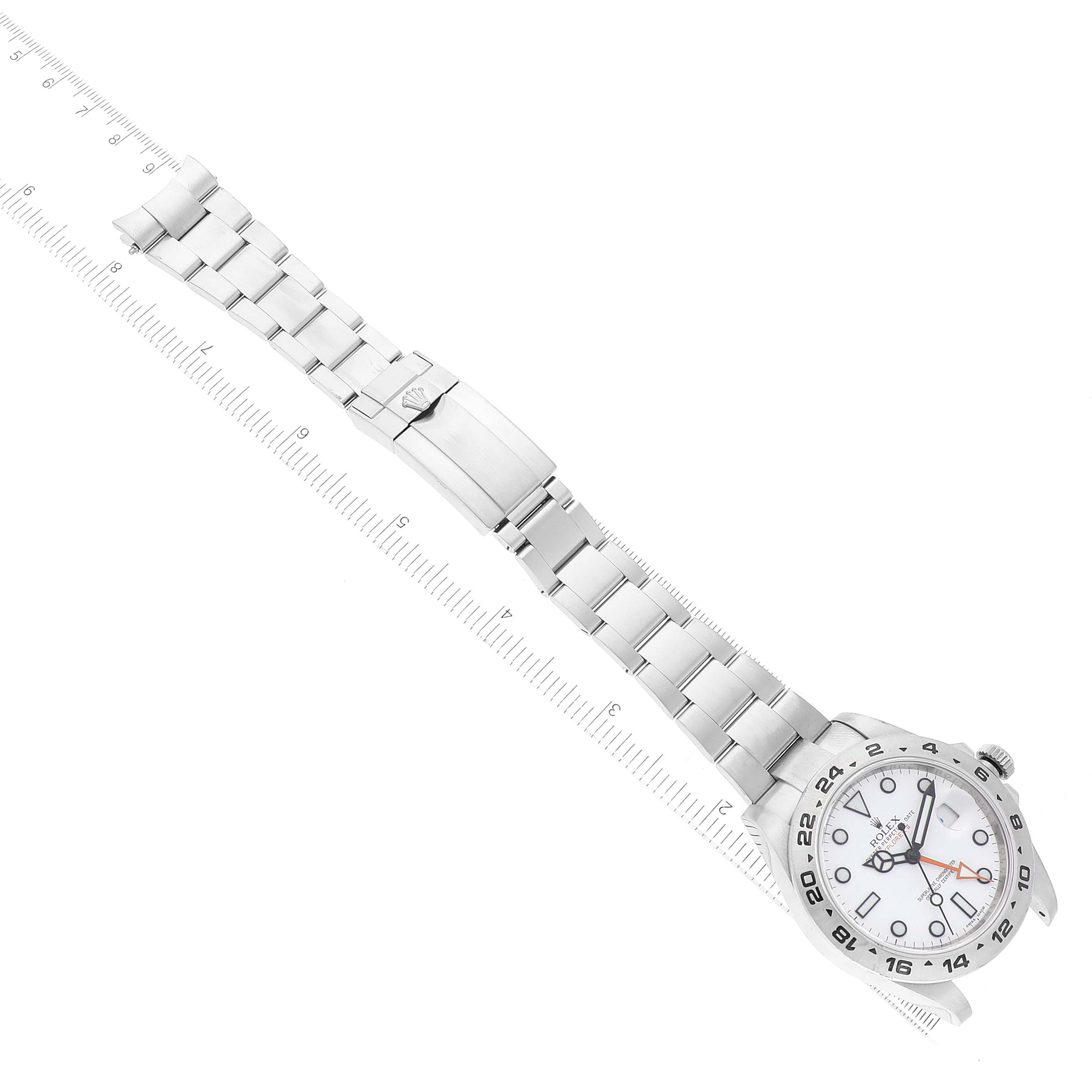 The image shows a top view of the Rolex Explorer 216570 Men's Stainless Steel White Dial 216570 Men's Stainless Steel White Dial watch, including the dial, bezel, and metal bracelet.