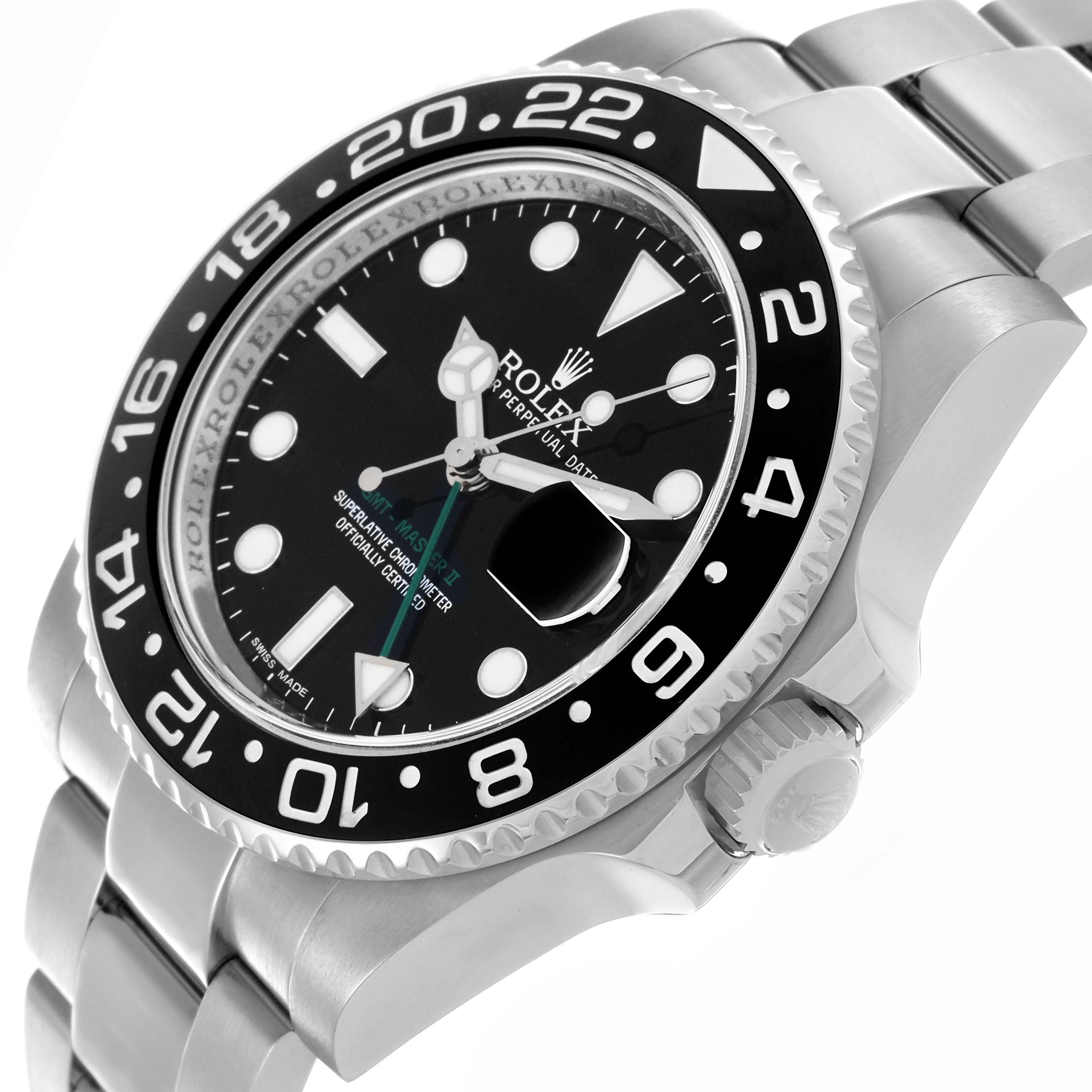 The Rolex GMT-Master 116710LN Men
s Stainless Steel Black Dial 116710LN Men
s Stainless Steel Black Dial is shown at a side angle, displaying the face, bezel, and a partial view of the bracelet.