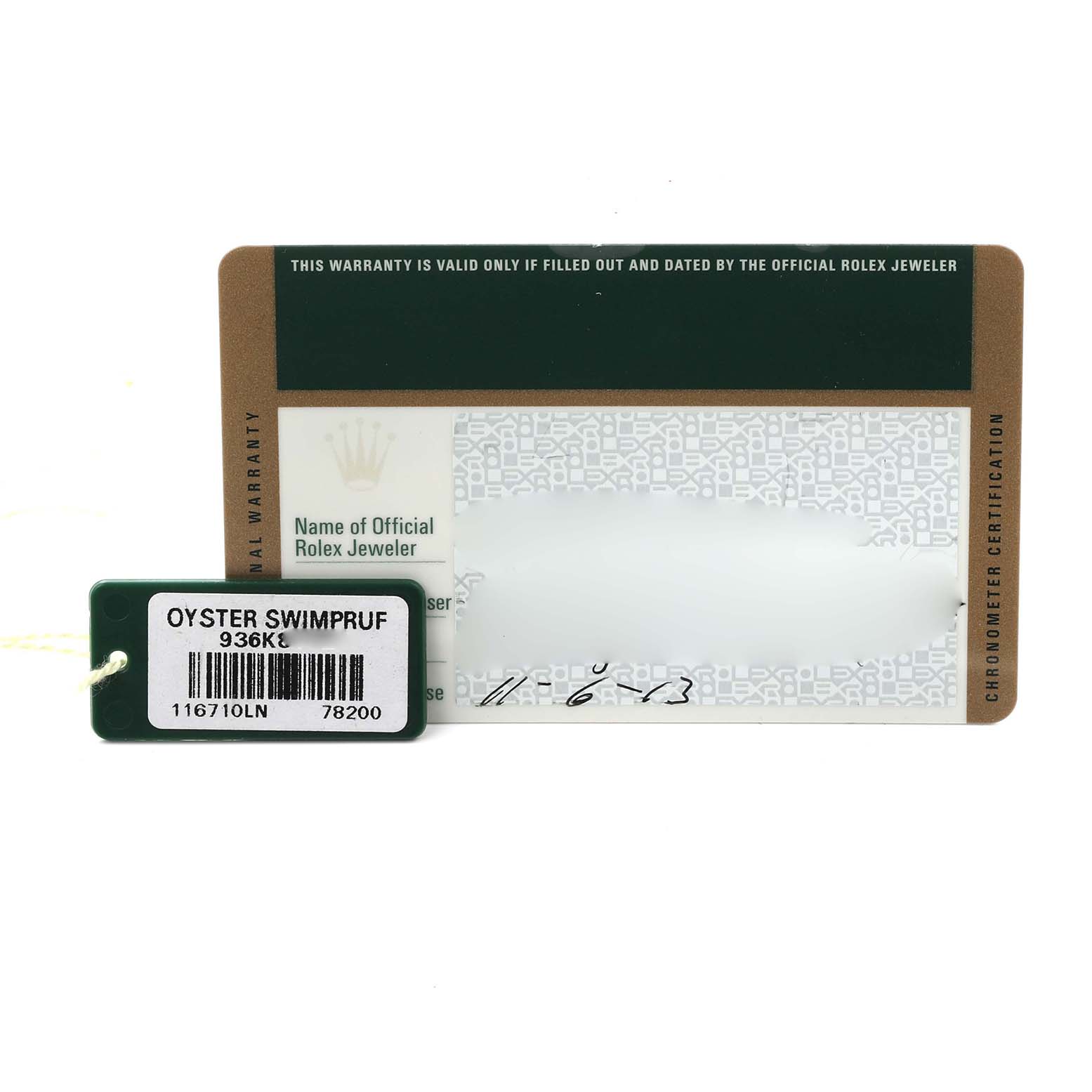 The image shows a warranty card and a tag for a Rolex GMT-Master 116710LN Men
s Stainless Steel Black Dial 116710LN Men
s Stainless Steel Black Dial, highlighting model and certification details.