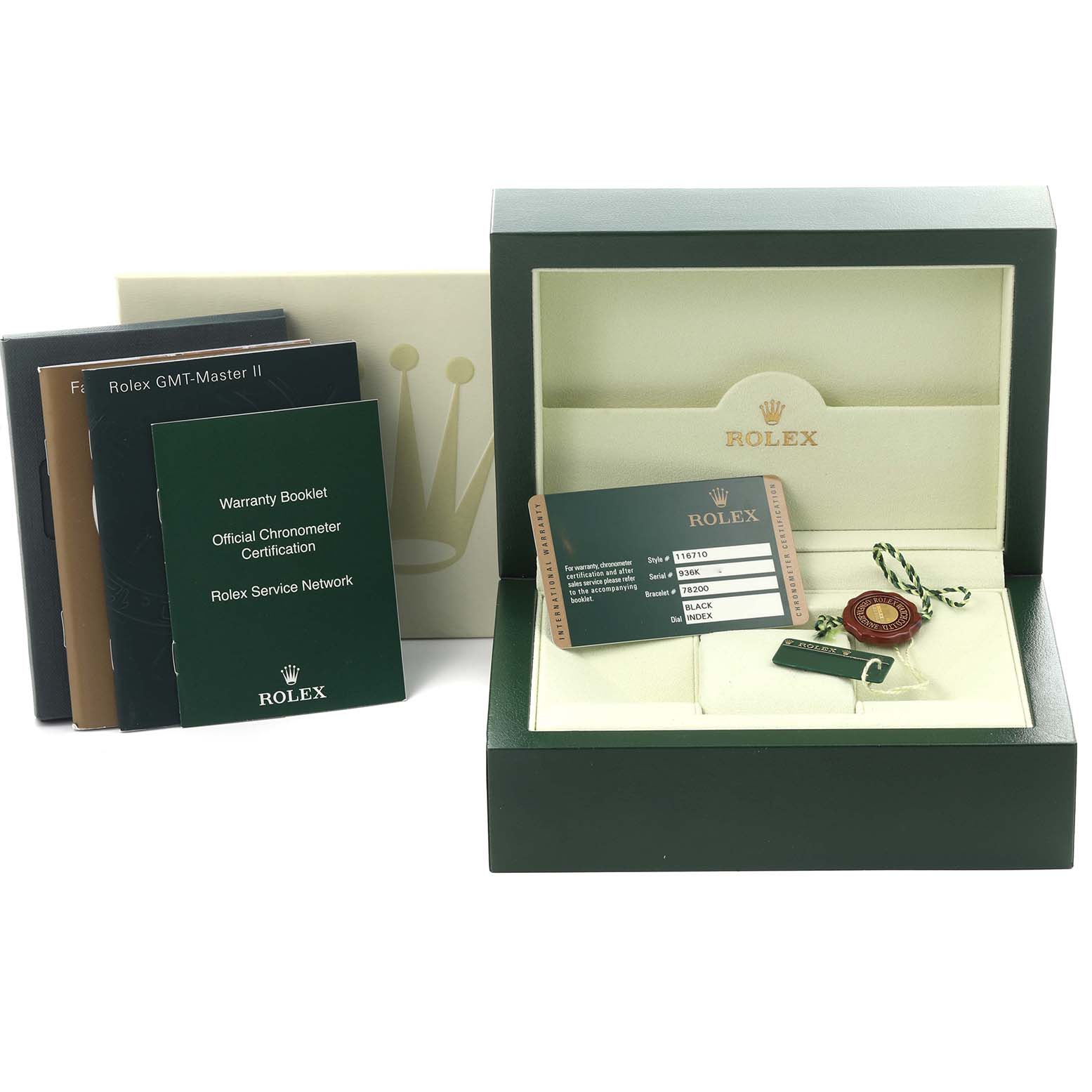 The image shows a Rolex GMT-Master 116710LN Men
s Stainless Steel Black Dial 116710LN Men
s Stainless Steel Black Dial watch box with accompanying warranty booklet, chronometer certification, and identification card.