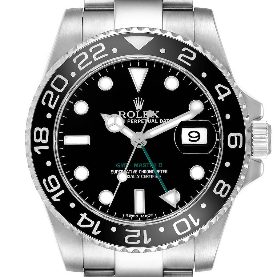 The image shows a front view of the Rolex GMT-Master II watch, highlighting the dial, bezel, and part of the bracelet.