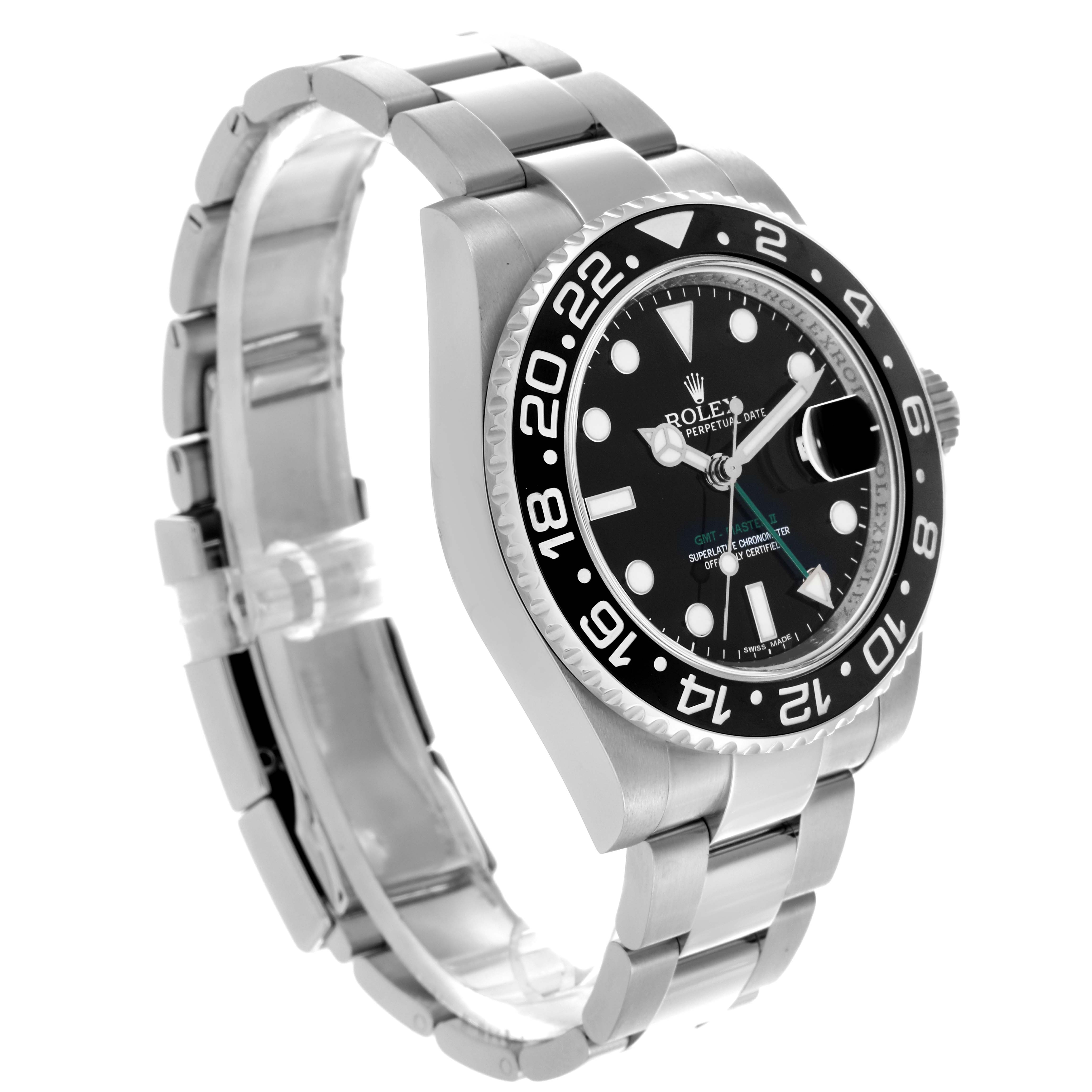 The Rolex GMT-Master 116710LN Men
s Stainless Steel Black Dial 116710LN Men
s Stainless Steel Black Dial watch is shown at a three-quarter angle displaying the dial, bezel, and bracelet clearly.