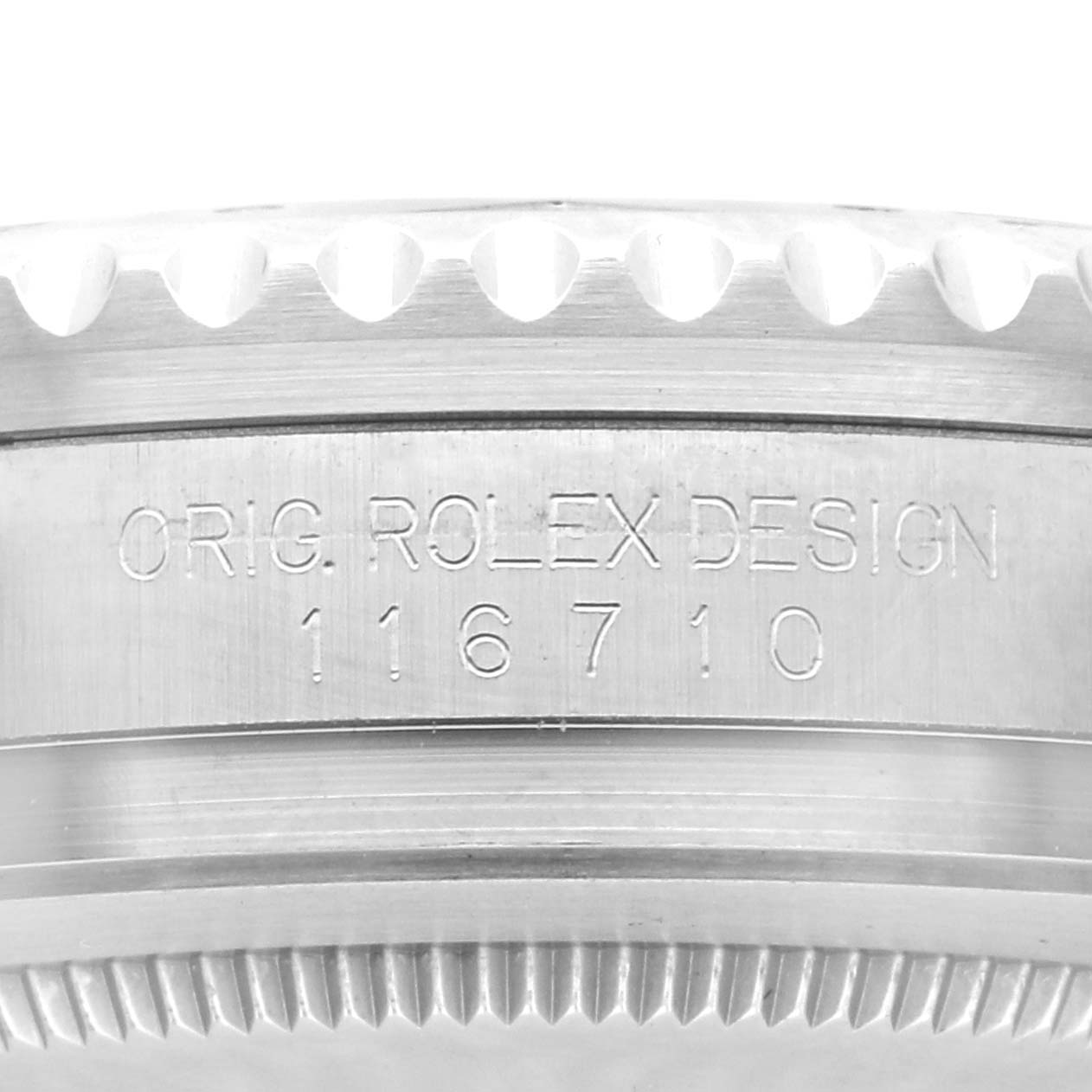 The image shows a side view of the case of a Rolex GMT-Master 116710LN Men
s Stainless Steel Black Dial 116710LN Men
s Stainless Steel Black Dial, highlighting the engraved model number.