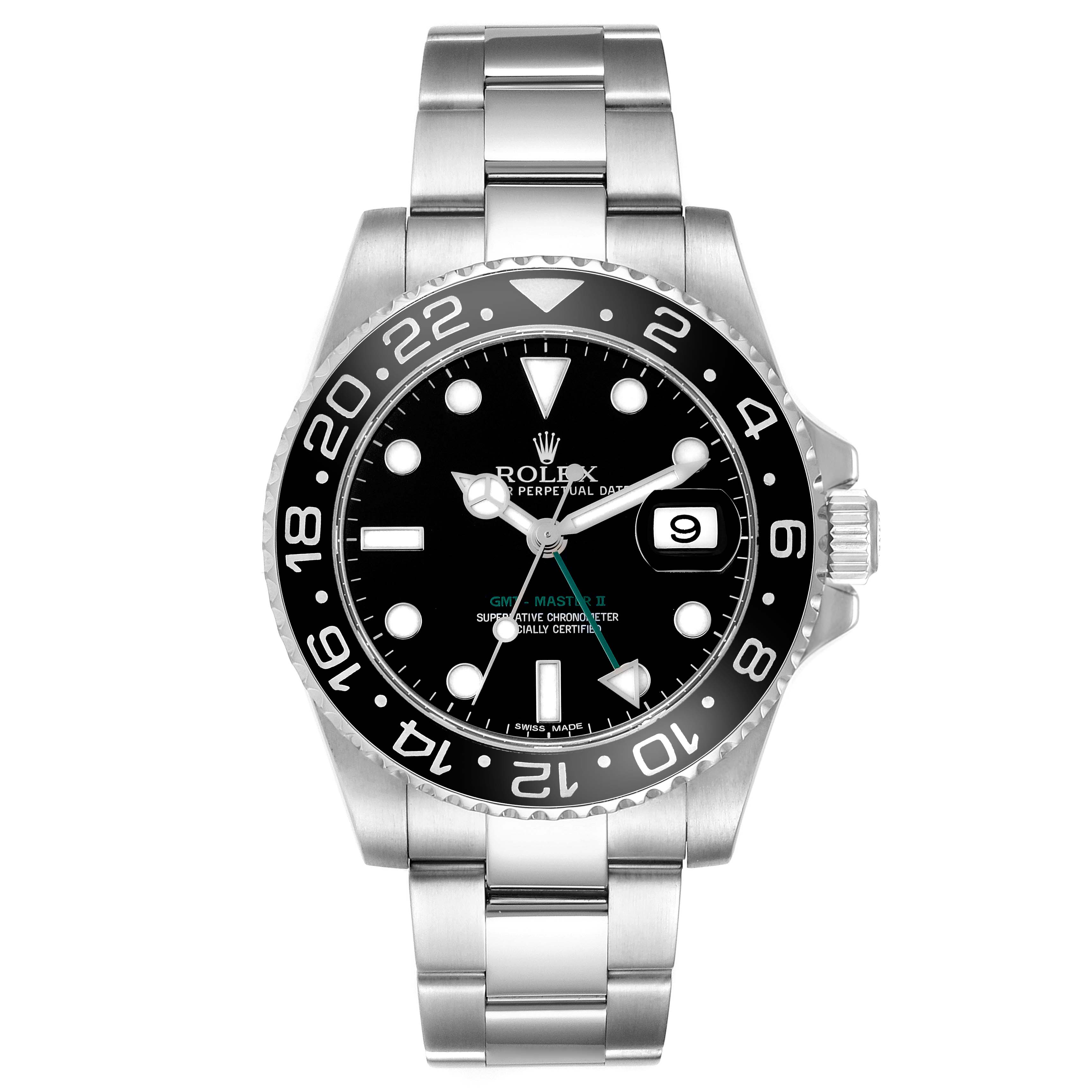 The Rolex GMT-Master 116710LN Men
s Stainless Steel Black Dial 116710LN Men
s Stainless Steel Black Dial watch is shown from a front angle, highlighting the dial, bezel, and bracelet.