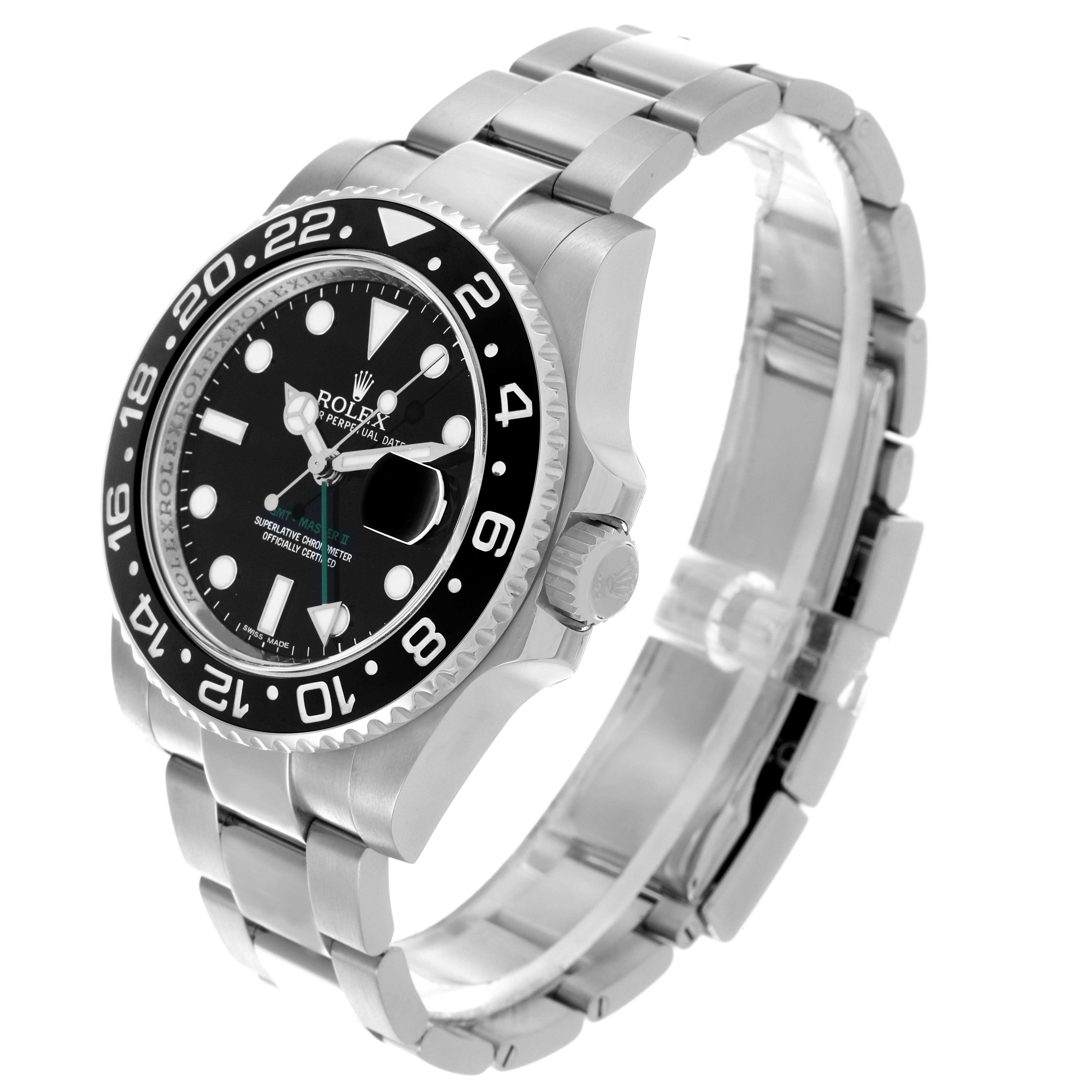 The Rolex GMT-Master 116710LN Men
s Stainless Steel Black Dial 116710LN Men
s Stainless Steel Black Dial watch is shown at a three-quarter angle, clearly displaying the bezel, dial, crown, and bracelet.