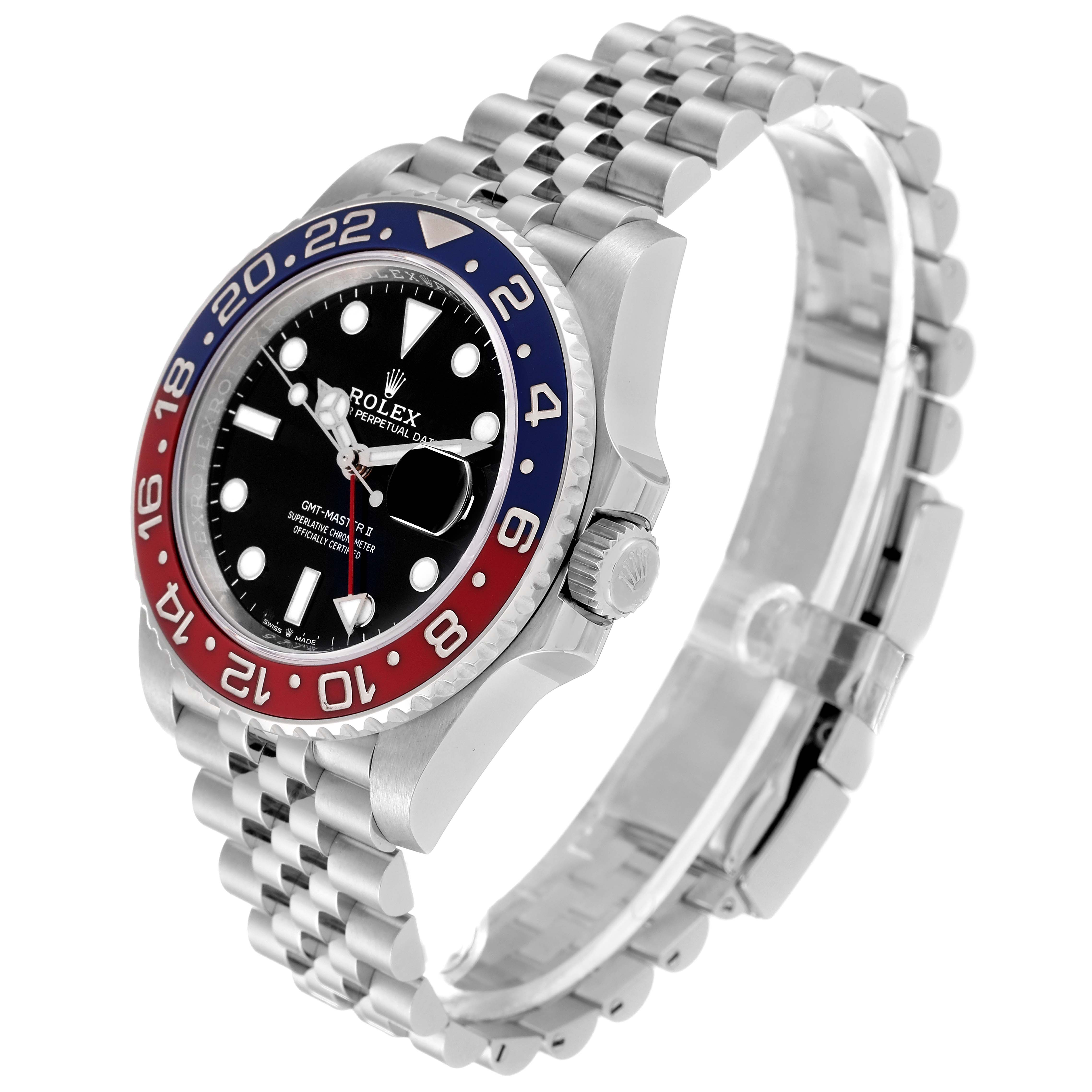 The image shows a Rolex GMT-Master 126710BLRO Men
s Stainless Steel Black Dial 126710BLRO Men
s Stainless Steel Black Dial watch angled from the front-left, displaying the dial, bezel, and bracelet.
