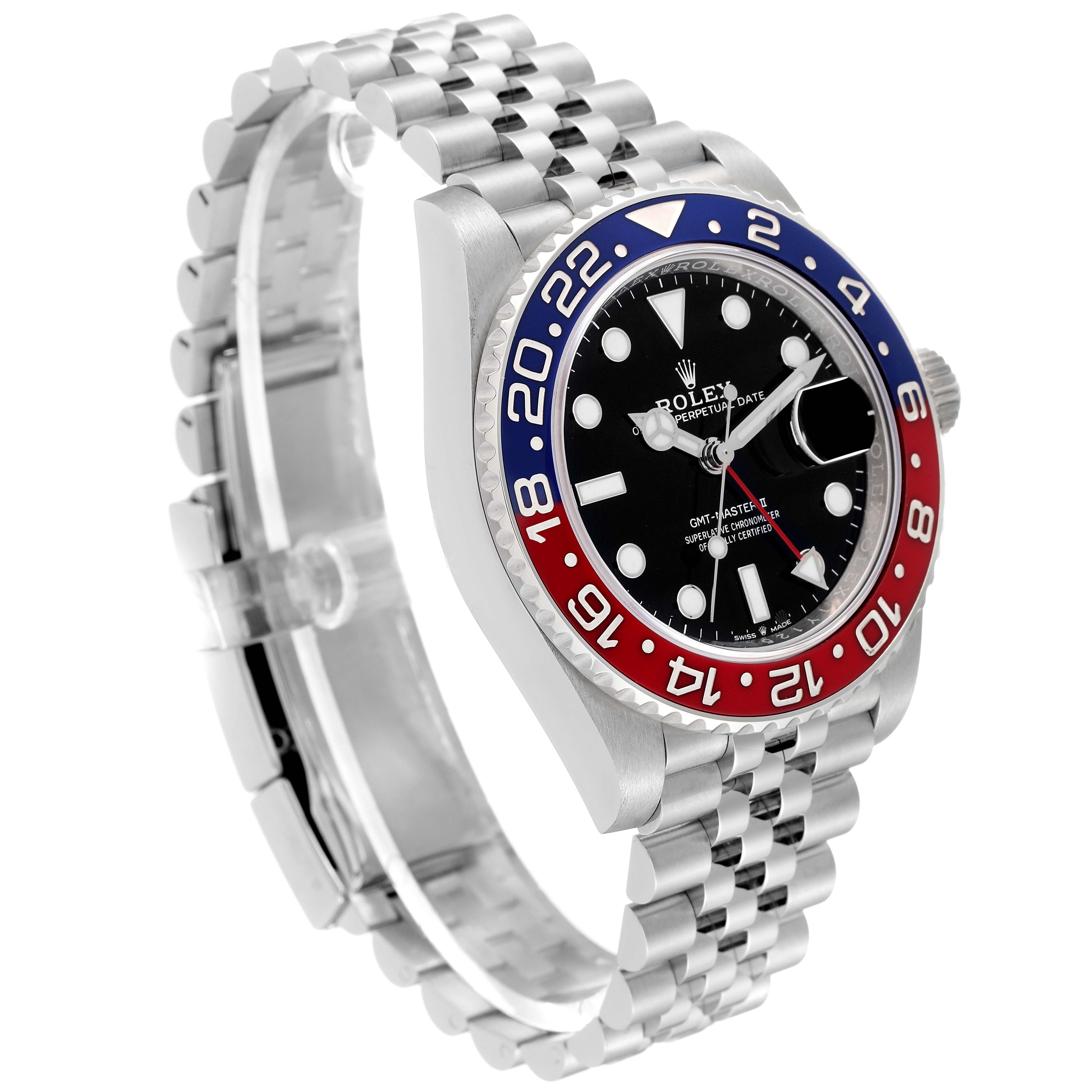 This Rolex GMT-Master 126710BLRO Men
s Stainless Steel Black Dial 126710BLRO Men
s Stainless Steel Black Dial watch is shown at a slight angle, highlighting its bezel, face, and jubilee bracelet.