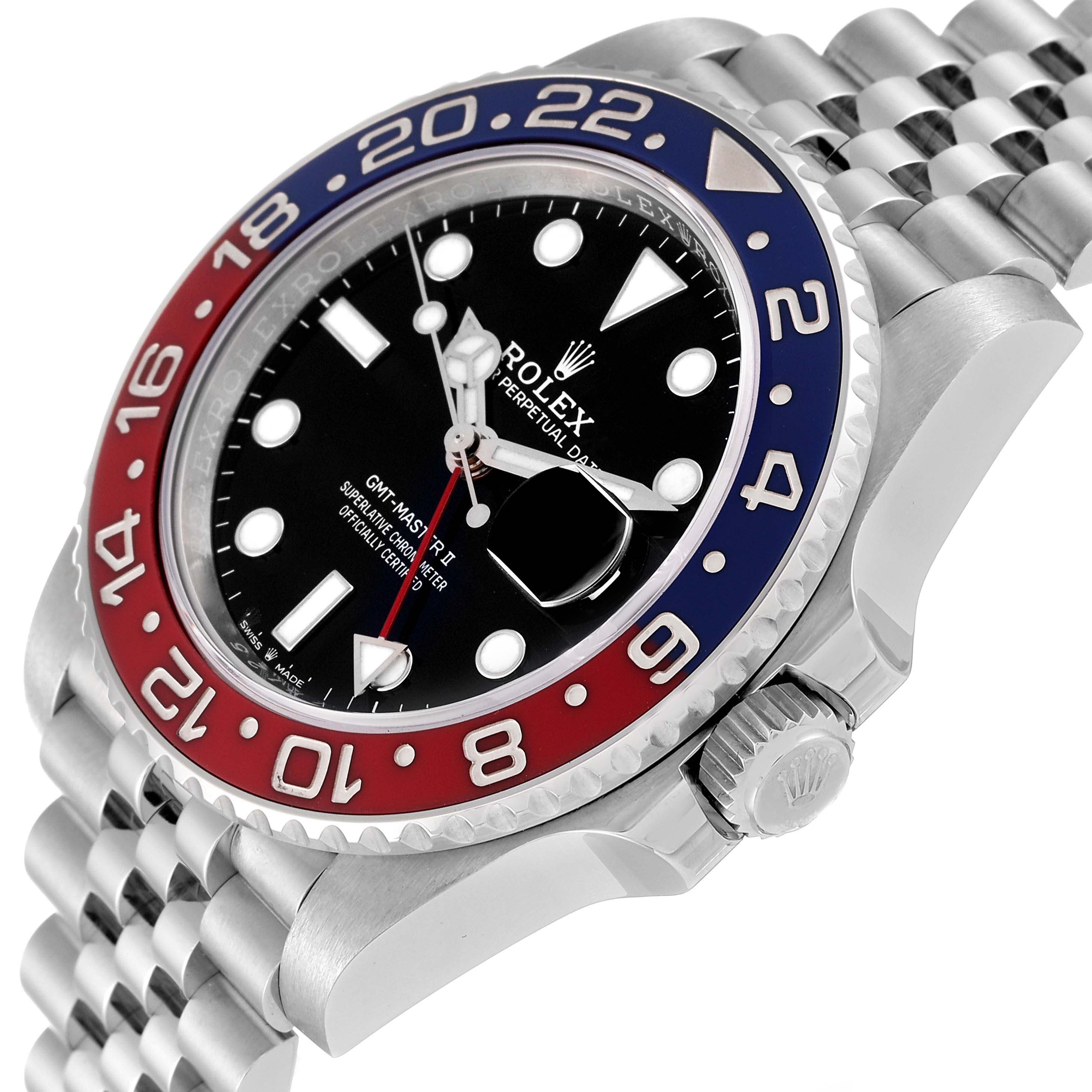 The image shows a close-up angled view of the face, bezel, crown, and bracelet of the Rolex GMT-Master 126710BLRO Men
s Stainless Steel Black Dial 126710BLRO Men
s Stainless Steel Black Dial II watch.
