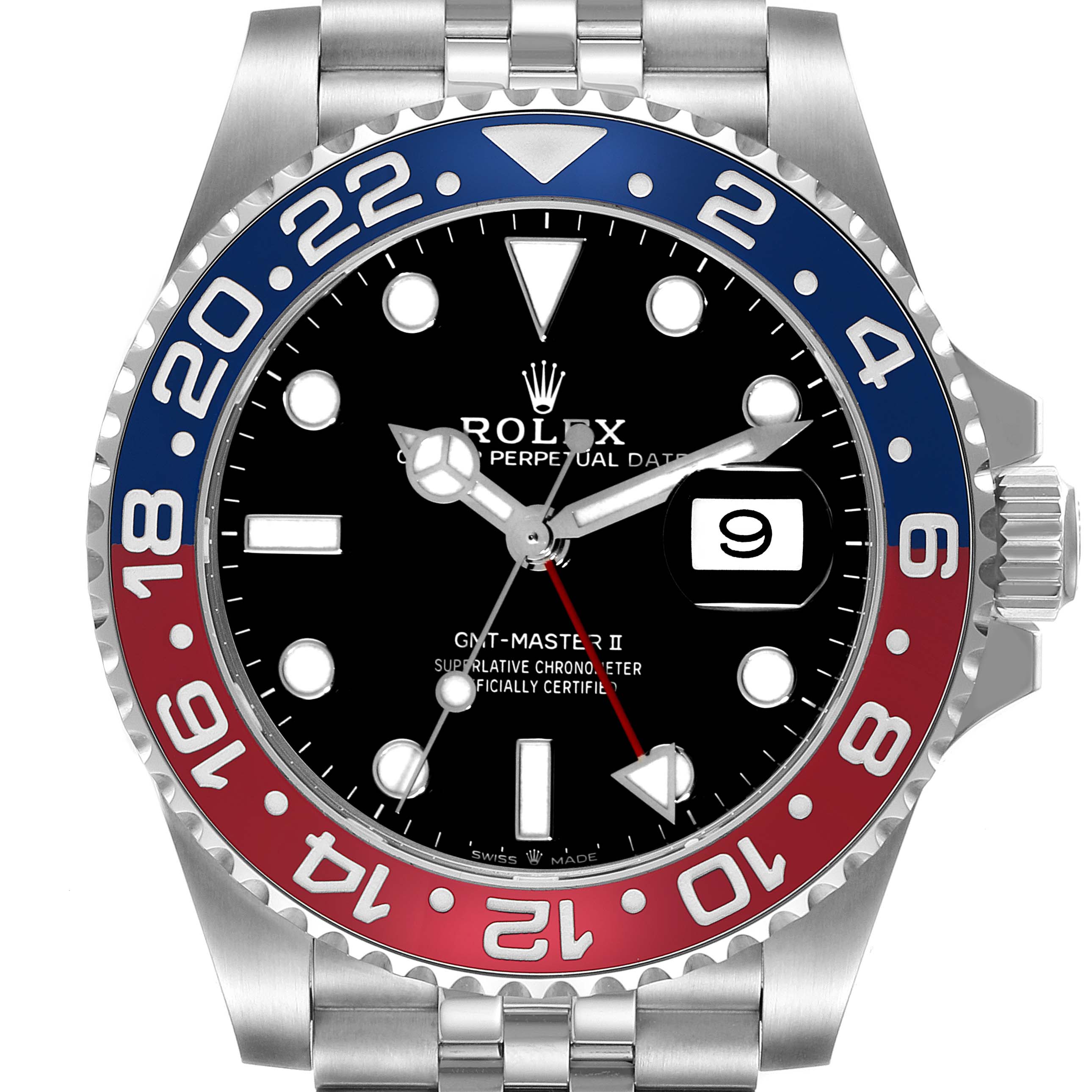 The Rolex GMT-Master 126710BLRO Men
s Stainless Steel Black Dial 126710BLRO Men
s Stainless Steel Black Dial watch is shown from a front angle highlighting the bezel, face, and part of the bracelet.