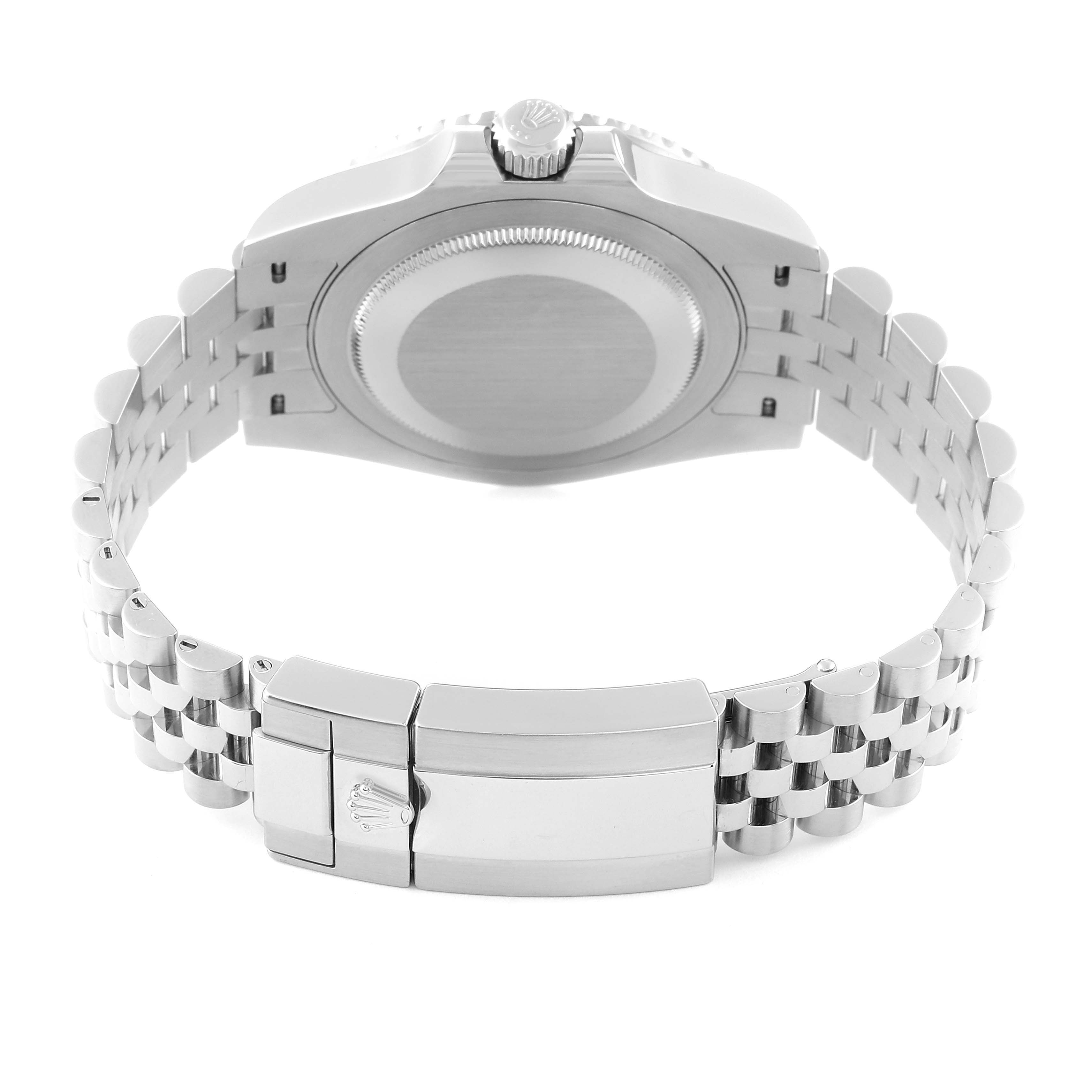 The image shows the back view of the Rolex GMT-Master 126710BLRO Men
s Stainless Steel Black Dial 126710BLRO Men
s Stainless Steel Black Dial watch, highlighting its case back and clasp on the bracelet.