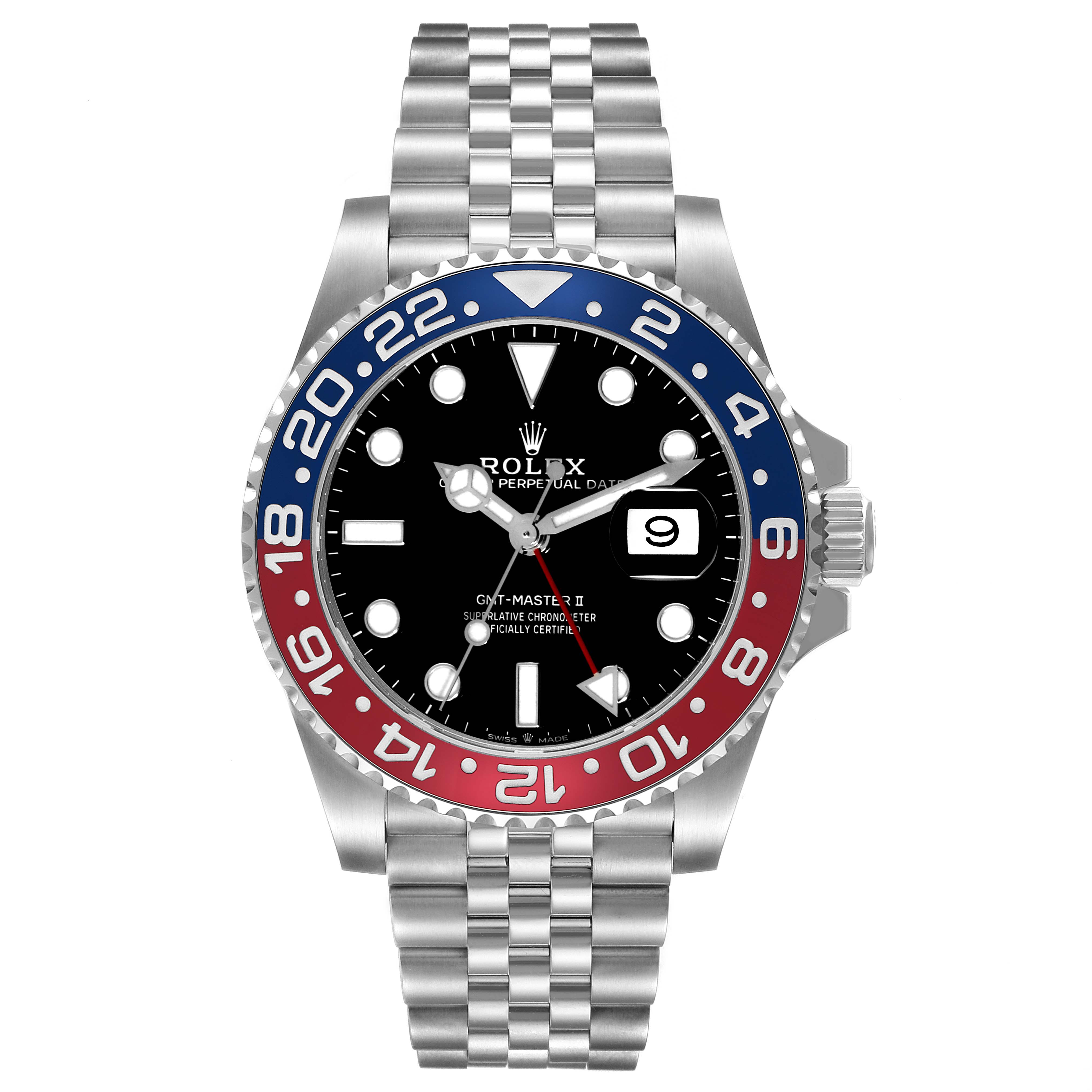 The image shows a front view of a Rolex GMT-Master 126710BLRO Men
s Stainless Steel Black Dial 126710BLRO Men
s Stainless Steel Black Dial II watch, featuring a jubilee bracelet and a two-tone red and blue bezel.
