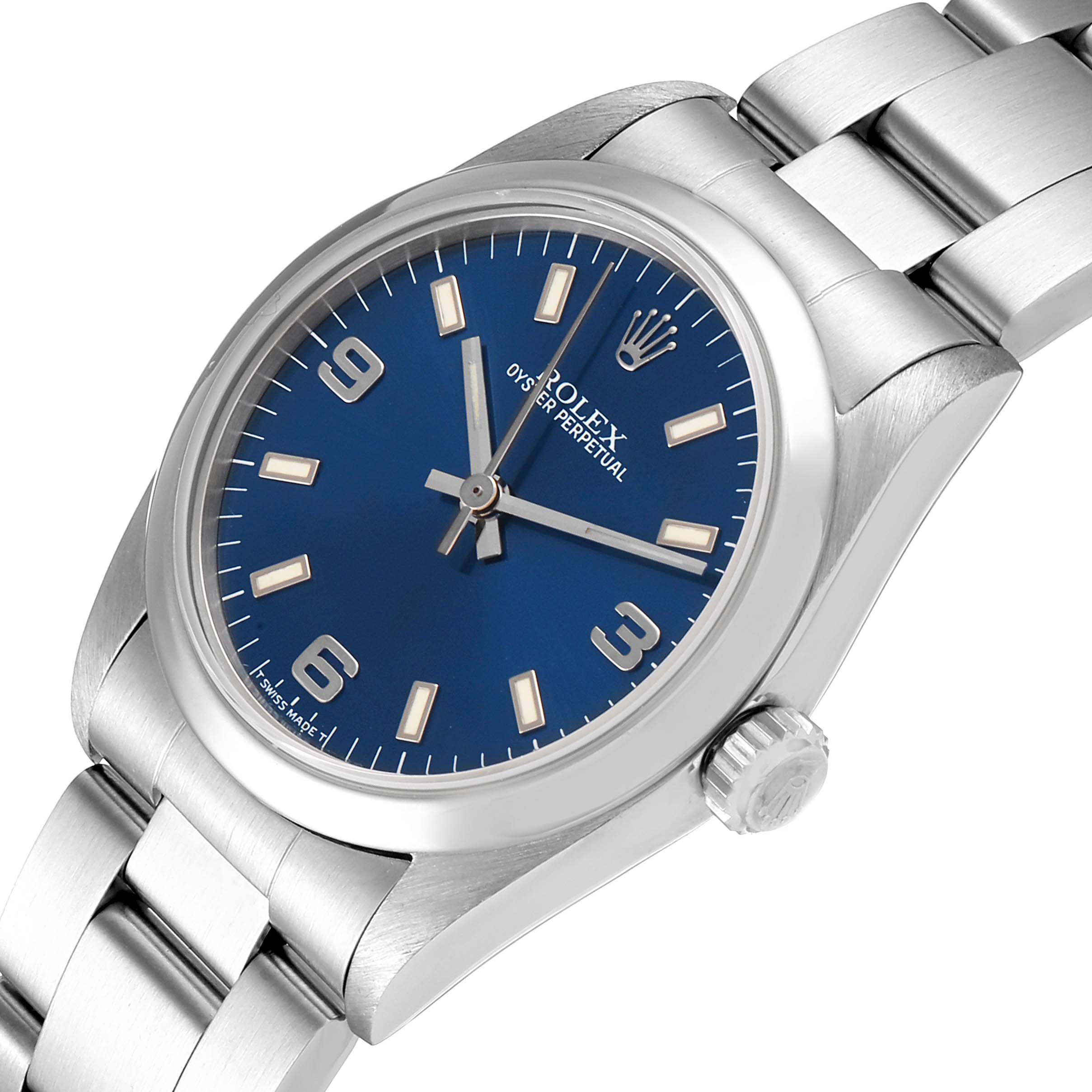 The image shows a Rolex Mid-Size 67480 Women's Stainless Steel Blue Dial 67480 Women's Stainless Steel Blue Dial Oyster Perpetual watch at an angled top-down view, highlighting the face, crown, and part of the bracelet.