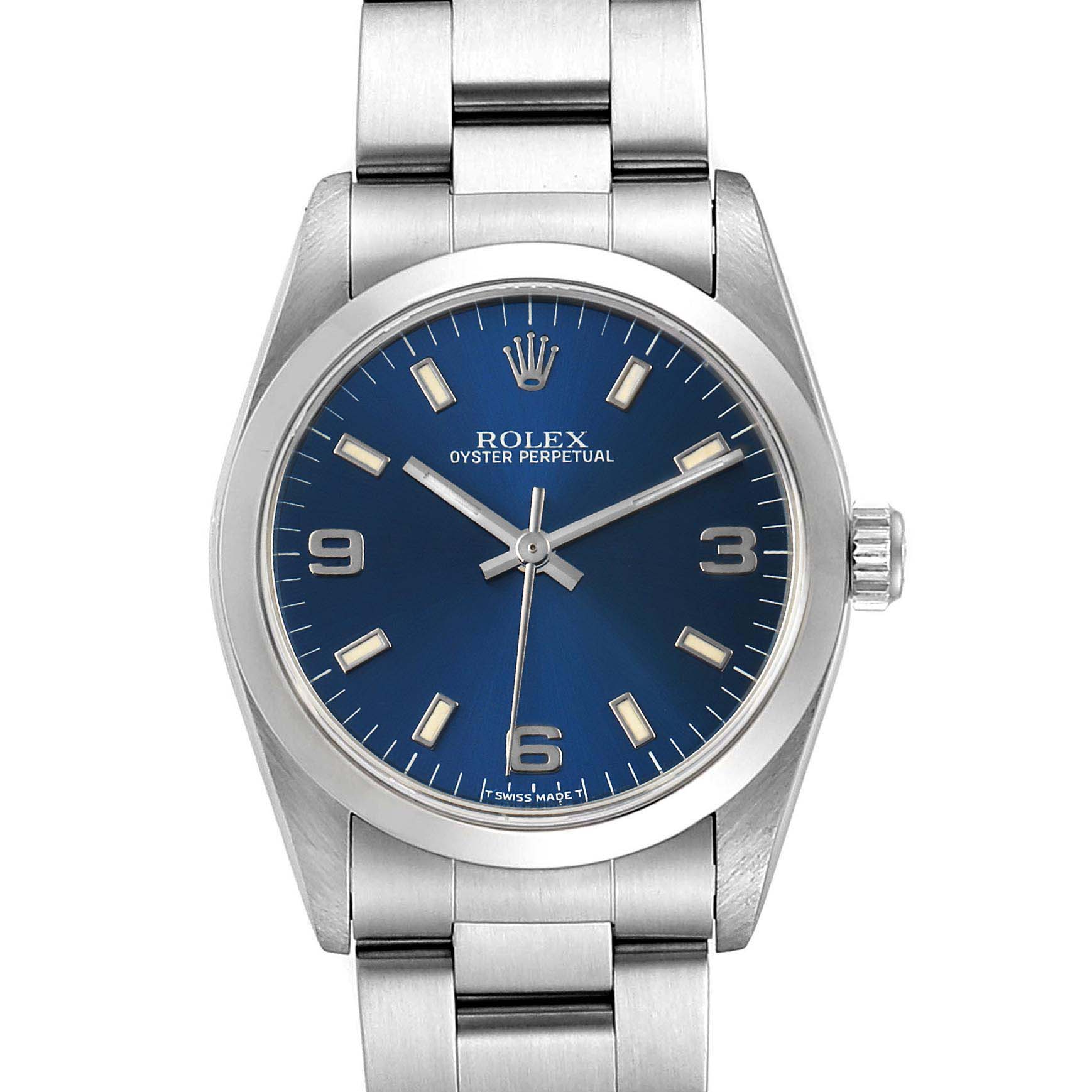 The image shows a front view of a Rolex Mid-Size 67480 Women's Stainless Steel Blue Dial 67480 Women's Stainless Steel Blue Dial Oyster Perpetual watch, displaying its blue dial, hour markers, and stainless steel bracelet.