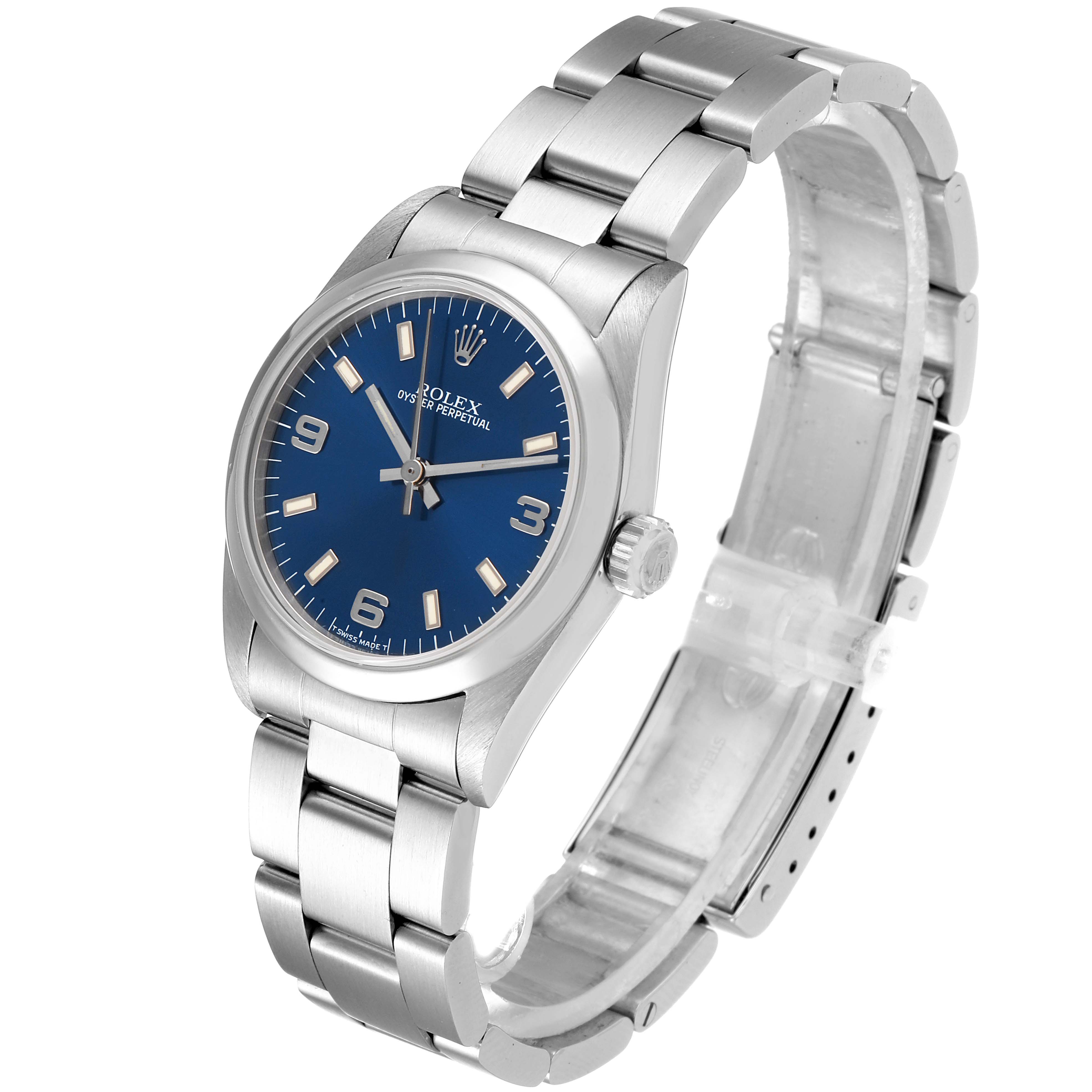 This is a front, angled view of the Rolex Mid-Size 67480 Women's Stainless Steel Blue Dial 67480 Women's Stainless Steel Blue Dial Oyster Perpetual watch, showing the face, bezel, and metal bracelet.