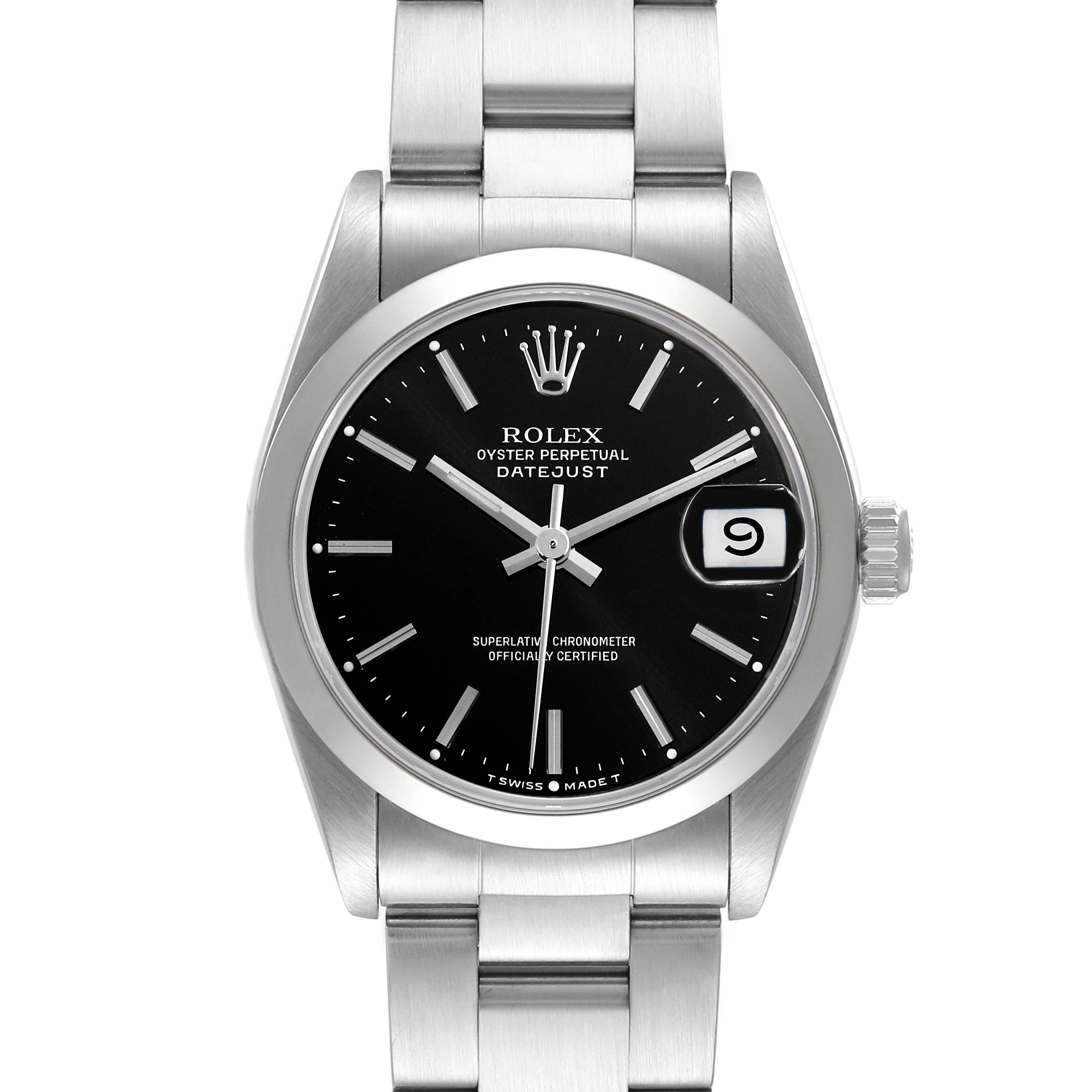 This is a front view of a Rolex Mid-Size 68240 Women's Stainless Steel Black Dial 68240 Women's Stainless Steel Black Dial Oyster Perpetual Datejust, showing the black dial, bracelet, crown, and date window.