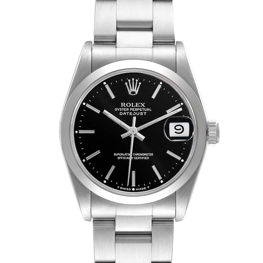 Rolex Midsize Datejust 31 Black Dial Domed Bezel Ladies Steel Watch 68240 SwissWatchExpo