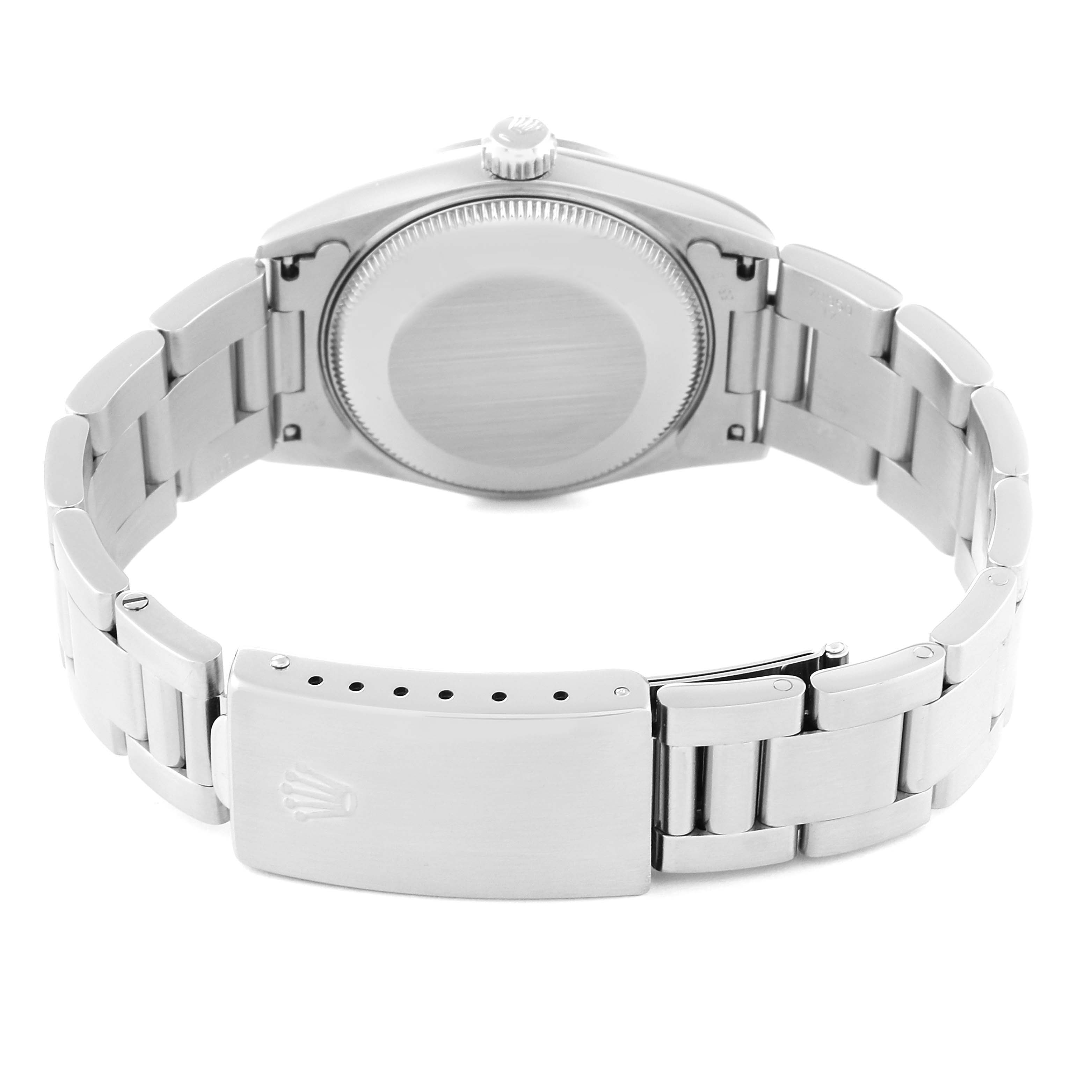 This image shows the back view of a Rolex Mid-Size 68240 Women's Stainless Steel Black Dial 68240 Women's Stainless Steel Black Dial model watch, highlighting its bracelet, clasp, and case back.