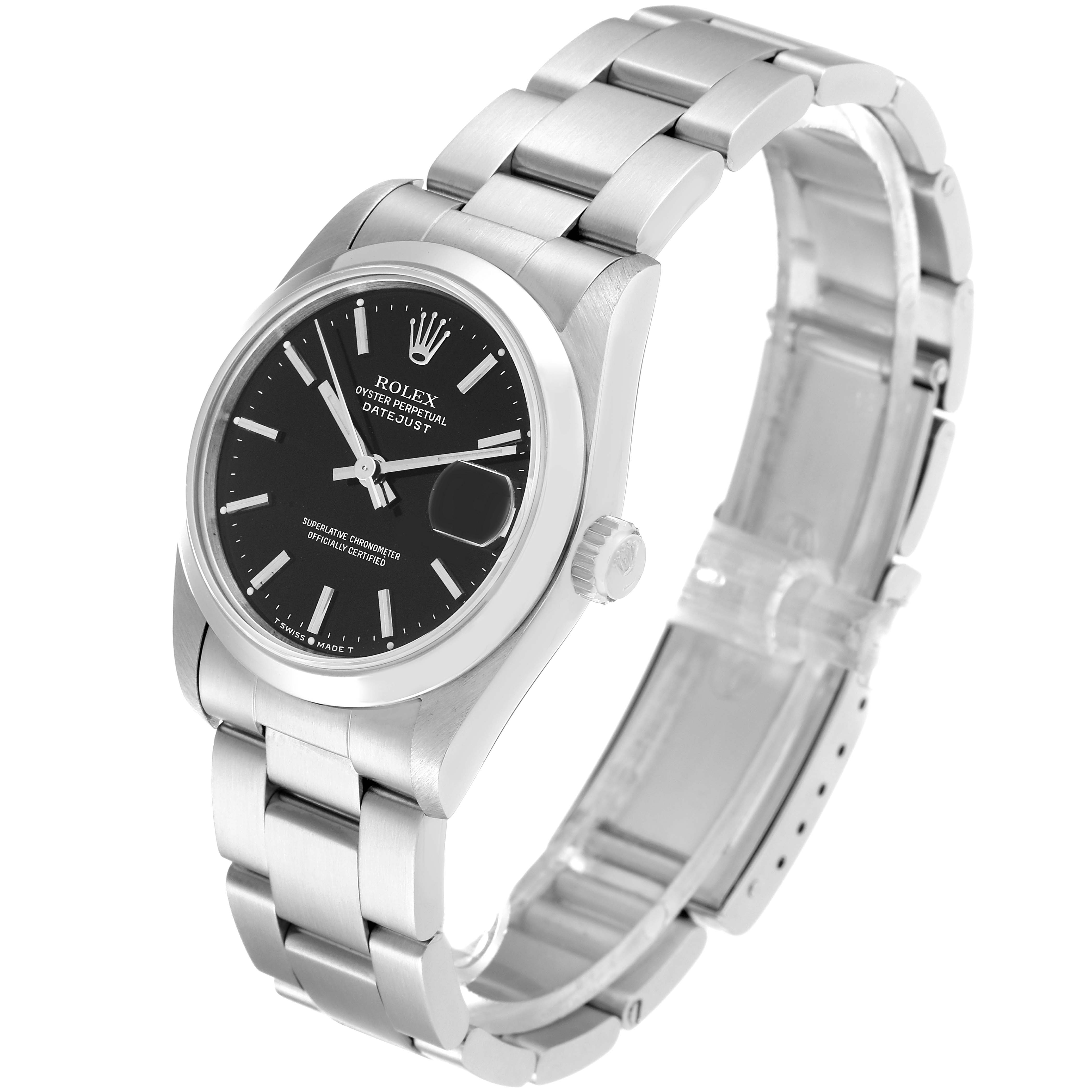 This image shows a side and front angle of the Rolex Mid-Size 68240 Women's Stainless Steel Black Dial 68240 Women's Stainless Steel Black Dial Datejust watch, displaying its black dial, stainless steel case, and bracelet.