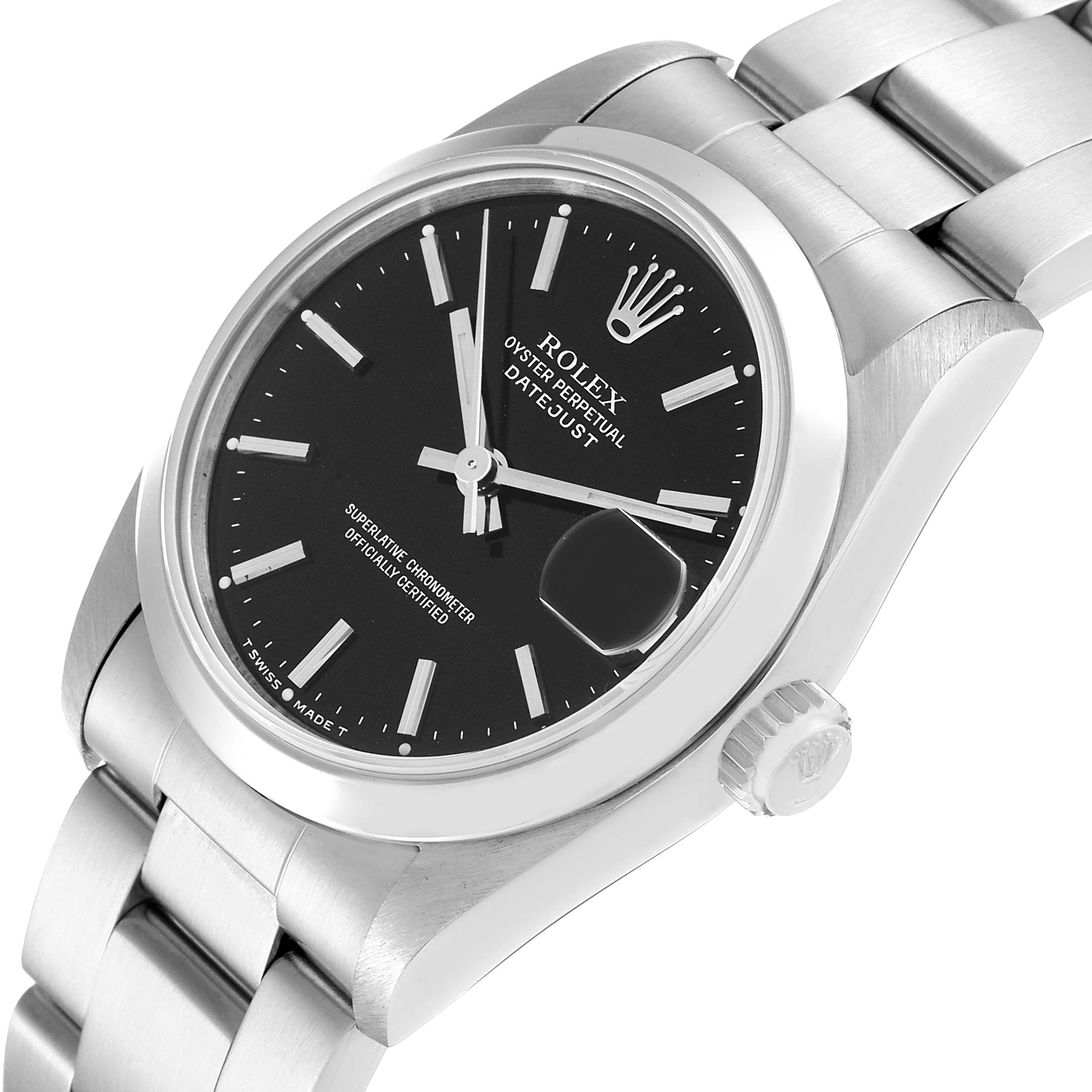 This is a side-angle view of a Mid-Size Rolex Oyster Perpetual Datejust, showing the dial, bezel, crown, and bracelet.