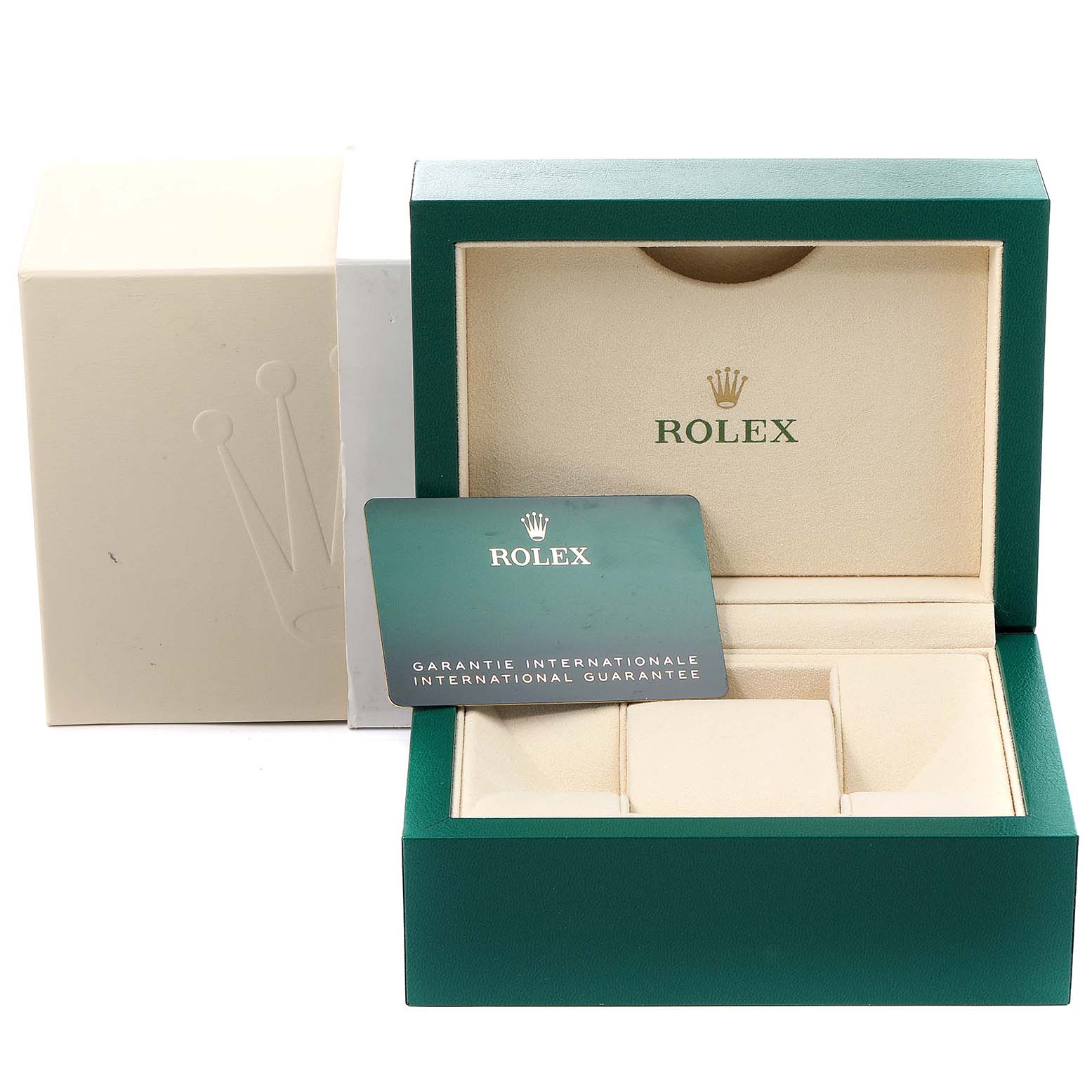 The image shows an open Rolex Oyster Perpetual 124200 Men's Stainless Steel Blue Dial 124200 Men's Stainless Steel Blue Dial watch box with its international guarantee card displayed in front.