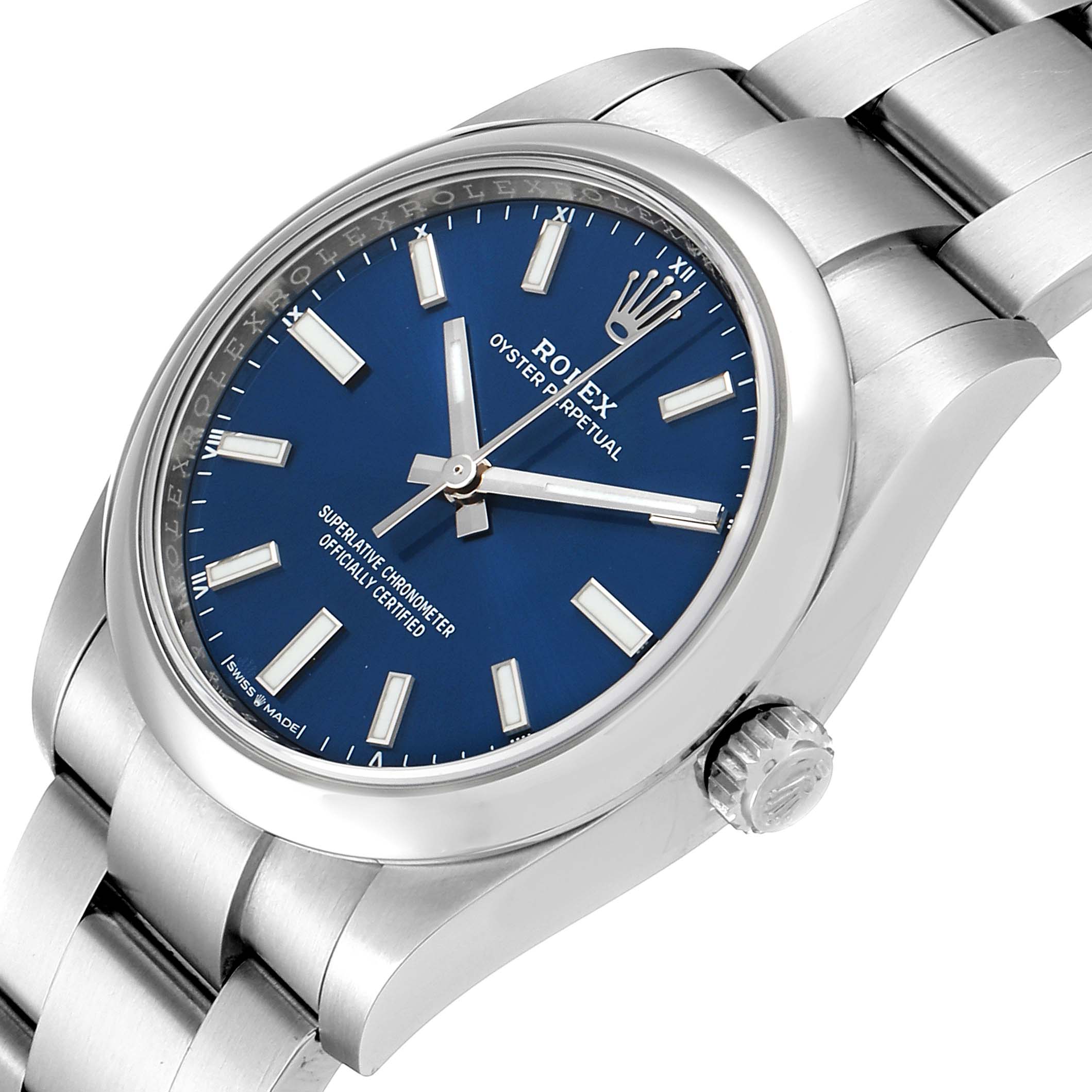 This image shows a closer shot of the Rolex Oyster Perpetual 124200 Men's Stainless Steel Blue Dial 124200 Men's Stainless Steel Blue Dial watch, emphasizing the blue dial, bezel, crown, and part of the bracelet.