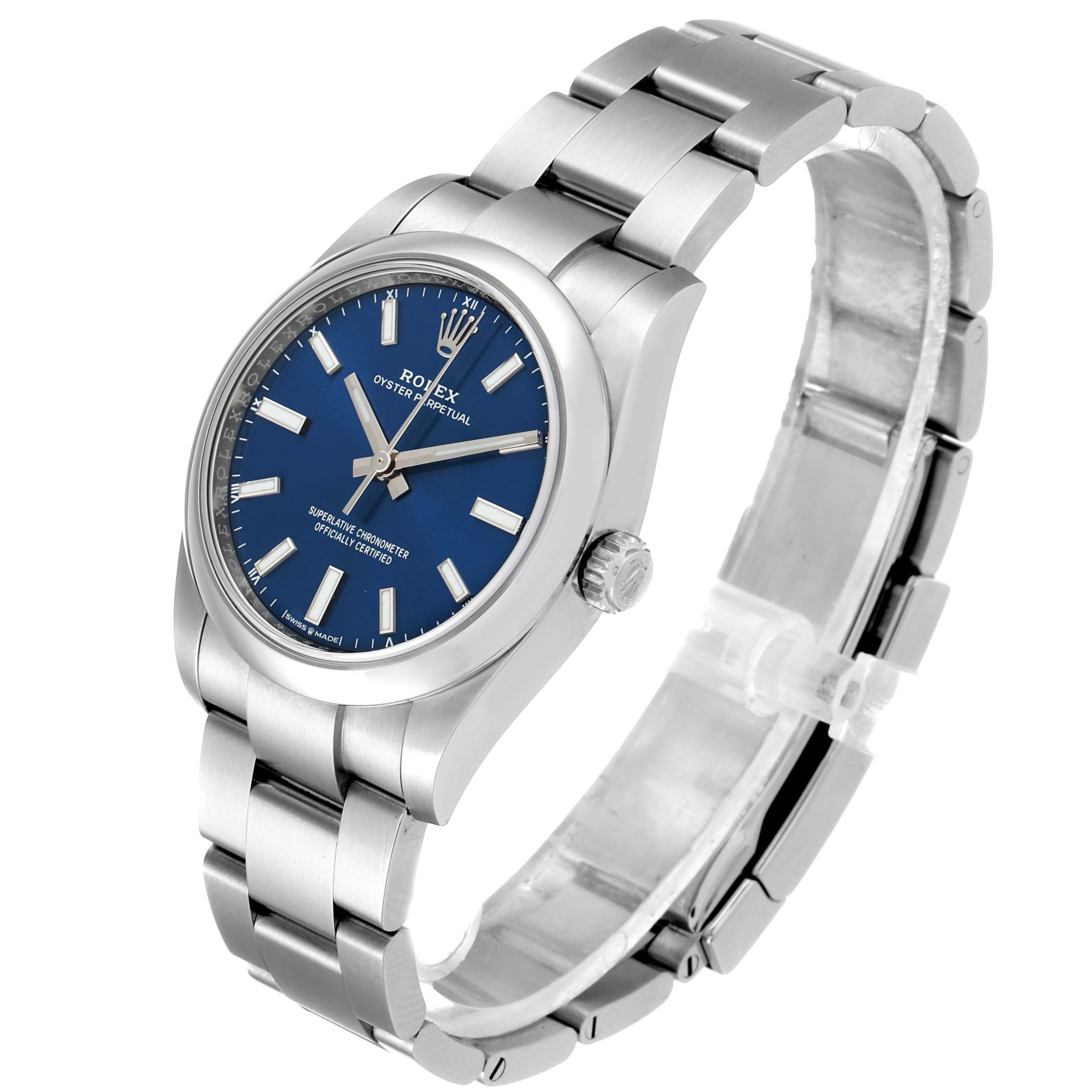 The image shows a Rolex Oyster Perpetual 124200 Men's Stainless Steel Blue Dial 124200 Men's Stainless Steel Blue Dial watch at a slight angle, displaying the face, crown, and the bracelet.