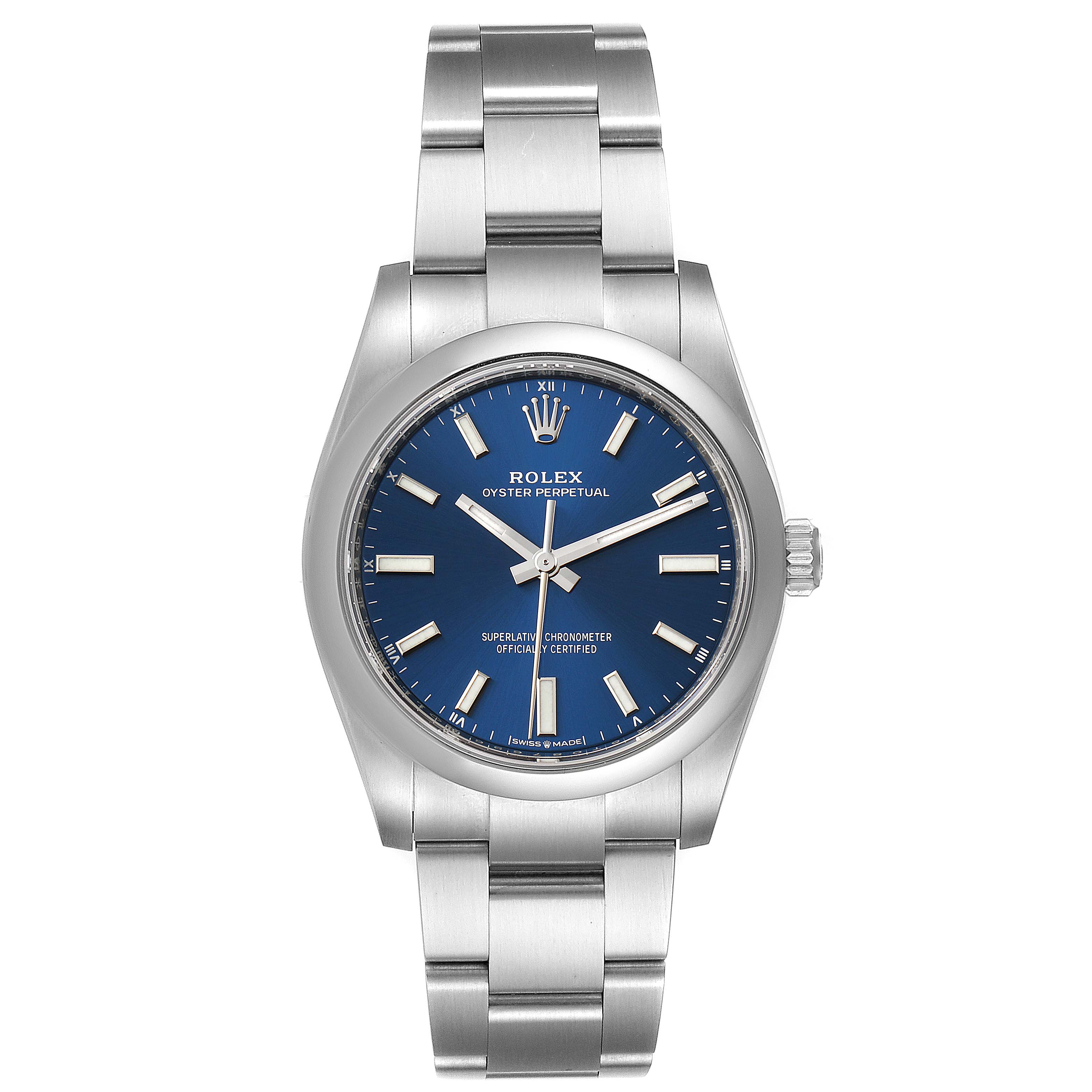 The image shows a front view of the Rolex Oyster Perpetual 124200 Men's Stainless Steel Blue Dial 124200 Men's Stainless Steel Blue Dial watch, displaying its blue dial, stainless steel case, and bracelet.