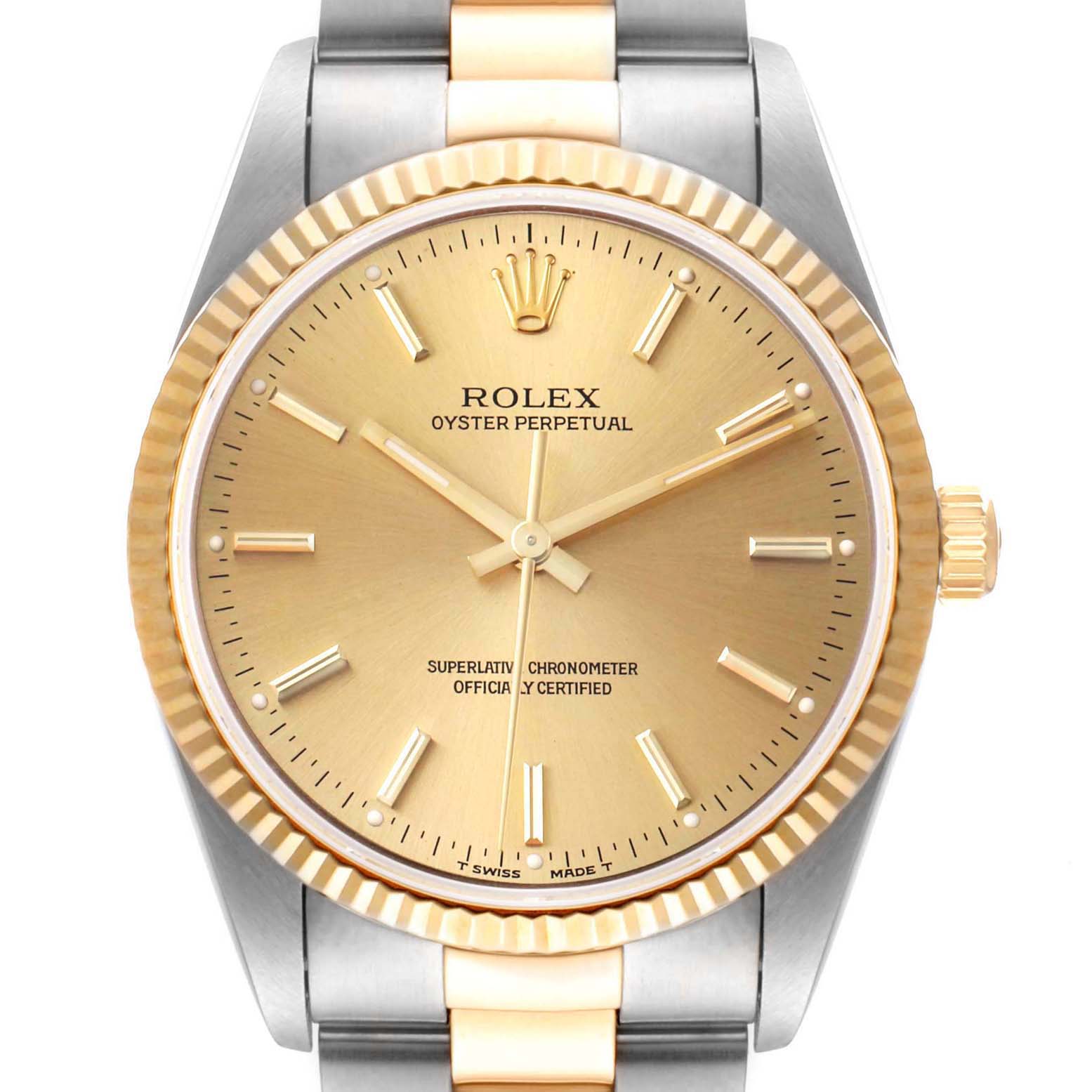 This image shows a front view of the Rolex Oyster Perpetual 14233 Men
s Steel and Gold (two tone) Champagne Dial 14233 Men
s Steel and Gold (two tone) Champagne Dial watch, highlighting its bezel, dial, and bracelet.