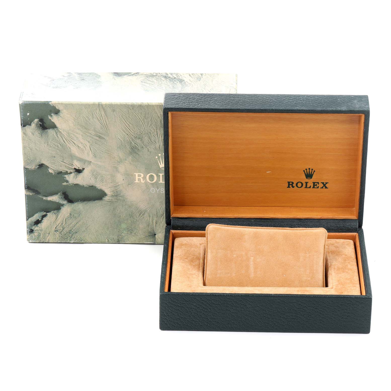 The image shows an open Rolex Oyster Perpetual 14233 Men
s Steel and Gold (two tone) Champagne Dial 14233 Men
s Steel and Gold (two tone) Champagne Dial watch box with its exterior box in the background.