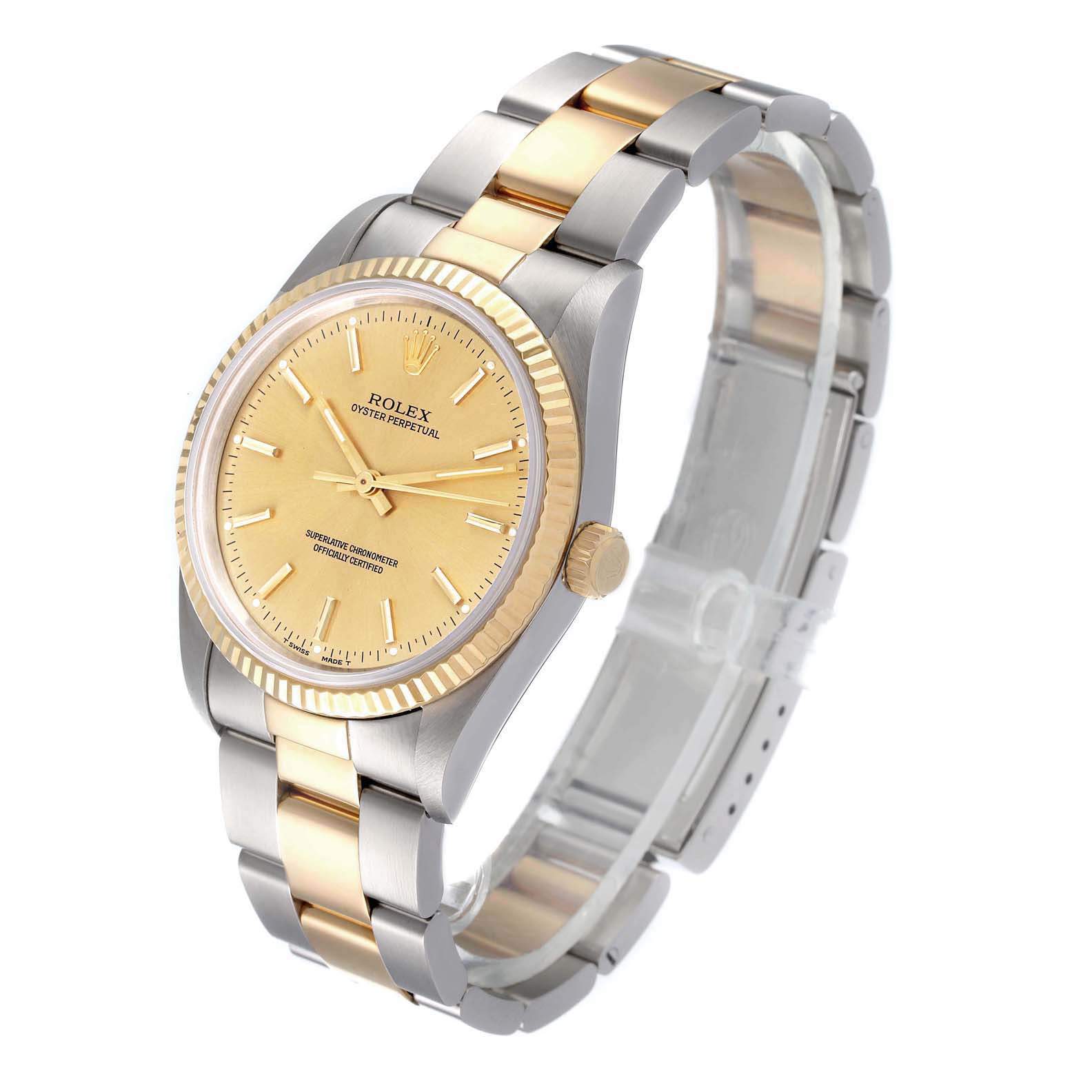This Rolex Oyster Perpetual 14233 Men
s Steel and Gold (two tone) Champagne Dial 14233 Men
s Steel and Gold (two tone) Champagne Dial watch is shown at a slight angle, highlighting the gold and silver two-tone bracelet and matching gold dial.