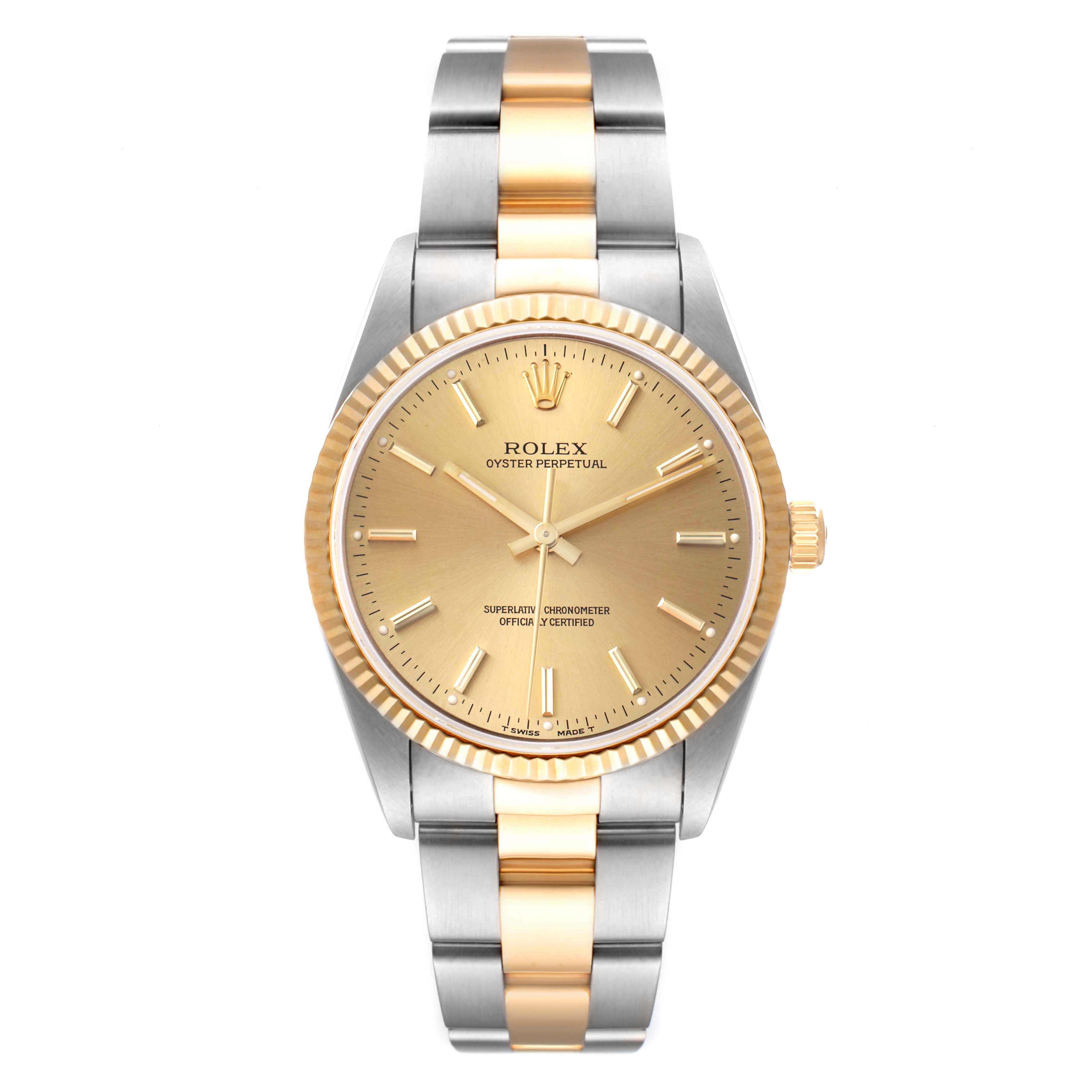 The image shows a front view of a Rolex Oyster Perpetual 14233 Men
s Steel and Gold (two tone) Champagne Dial 14233 Men
s Steel and Gold (two tone) Champagne Dial watch with a gold dial and a two-tone metal bracelet.