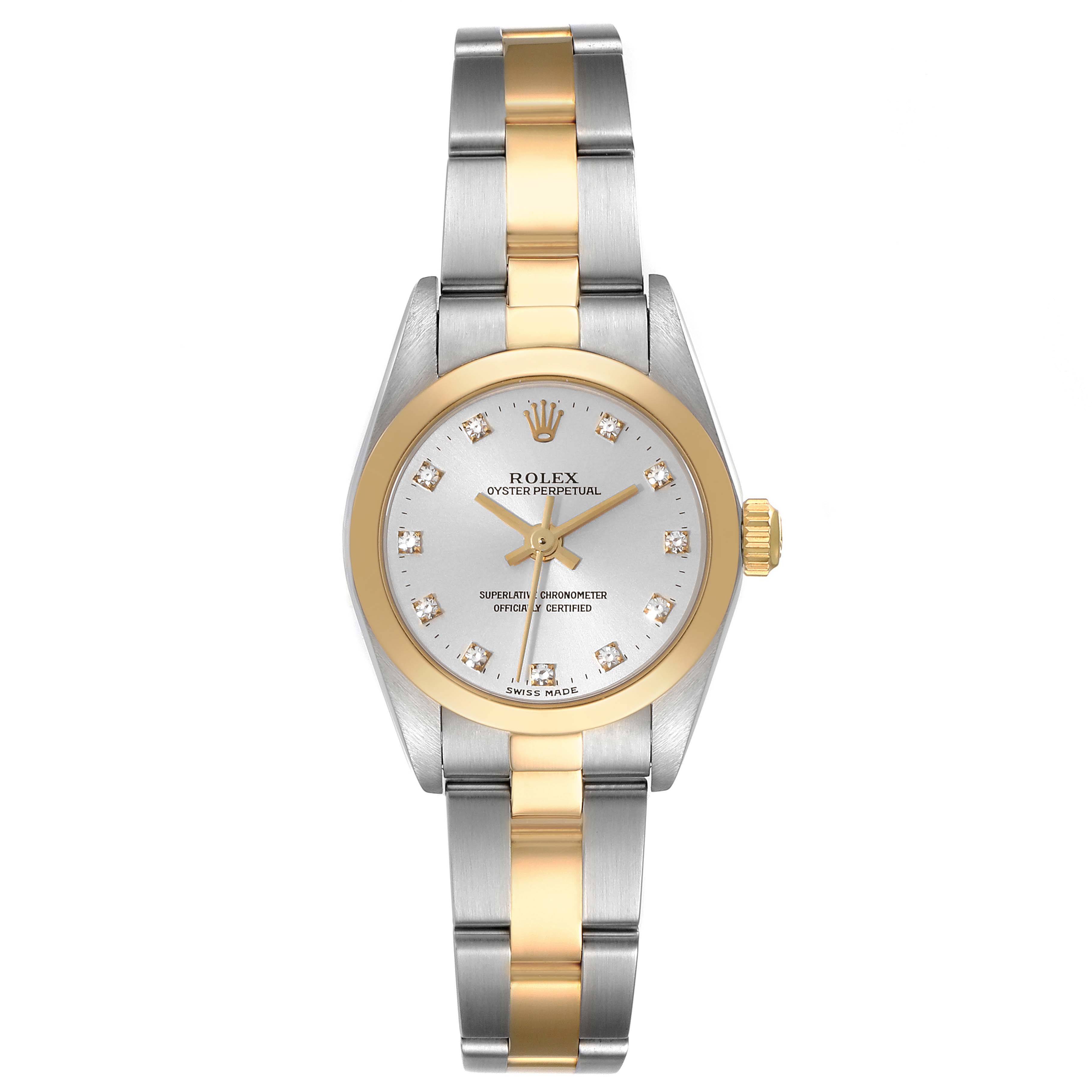 The image shows a front view of a Rolex Oyster Perpetual K745869 Women's Steel and Gold (two tone) Silver Dial K745869 Women's Steel and Gold (two tone) Silver Dial watch displaying the dial, hands, bezel, and bracelet.