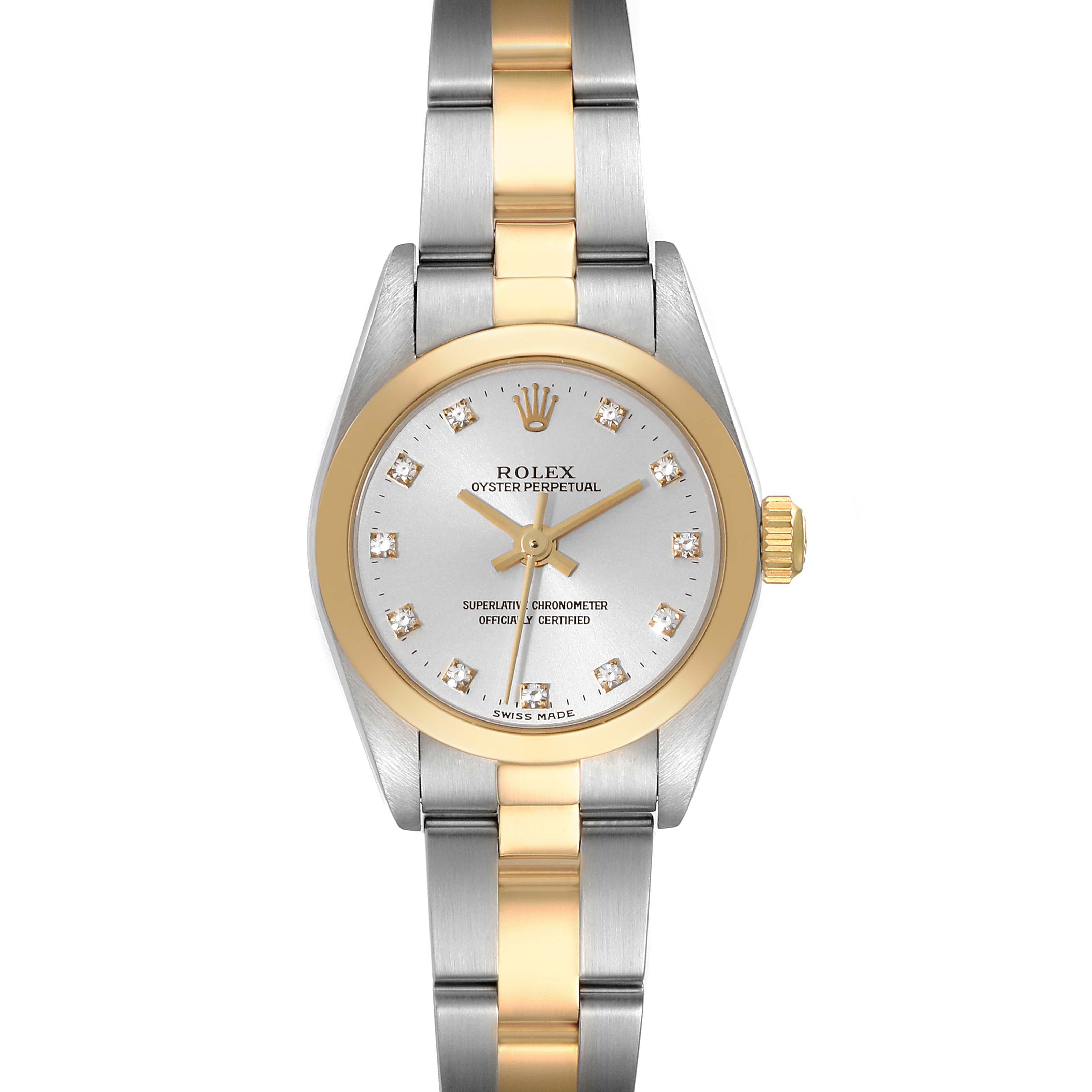 This image shows a front view of a Rolex Oyster Perpetual K745869 Women's Steel and Gold (two tone) Silver Dial K745869 Women's Steel and Gold (two tone) Silver Dial watch, displaying its dial, bezel, and bracelet.