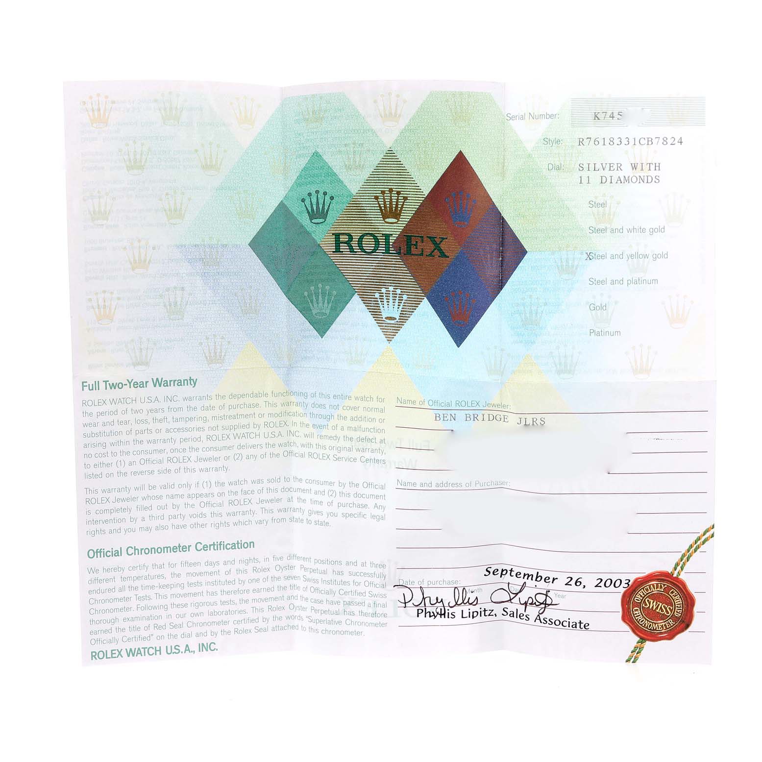 The image shows a warranty and certification card for a Rolex Oyster Perpetual K745869 Women's Steel and Gold (two tone) Silver Dial K745869 Women's Steel and Gold (two tone) Silver Dial watch.