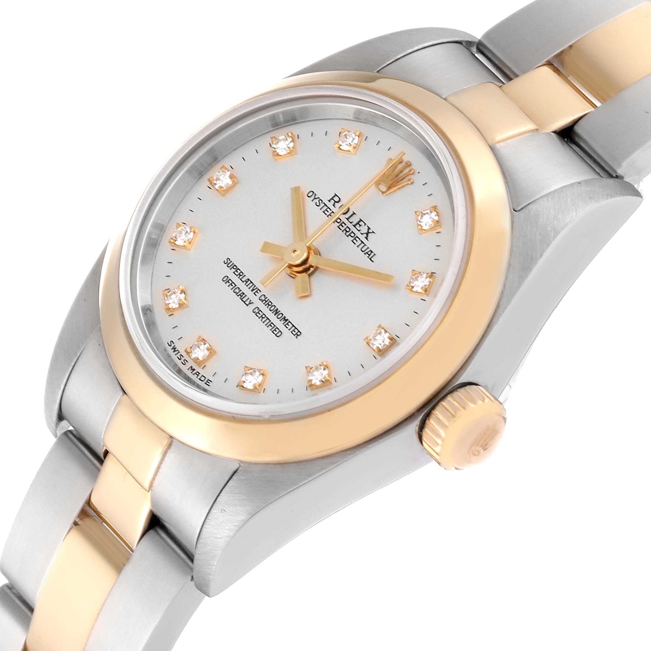 This image shows a side and partial front view of a Rolex Oyster Perpetual K745869 Women's Steel and Gold (two tone) Silver Dial K745869 Women's Steel and Gold (two tone) Silver Dial watch, displaying the face, bezel, and part of the bracelet.