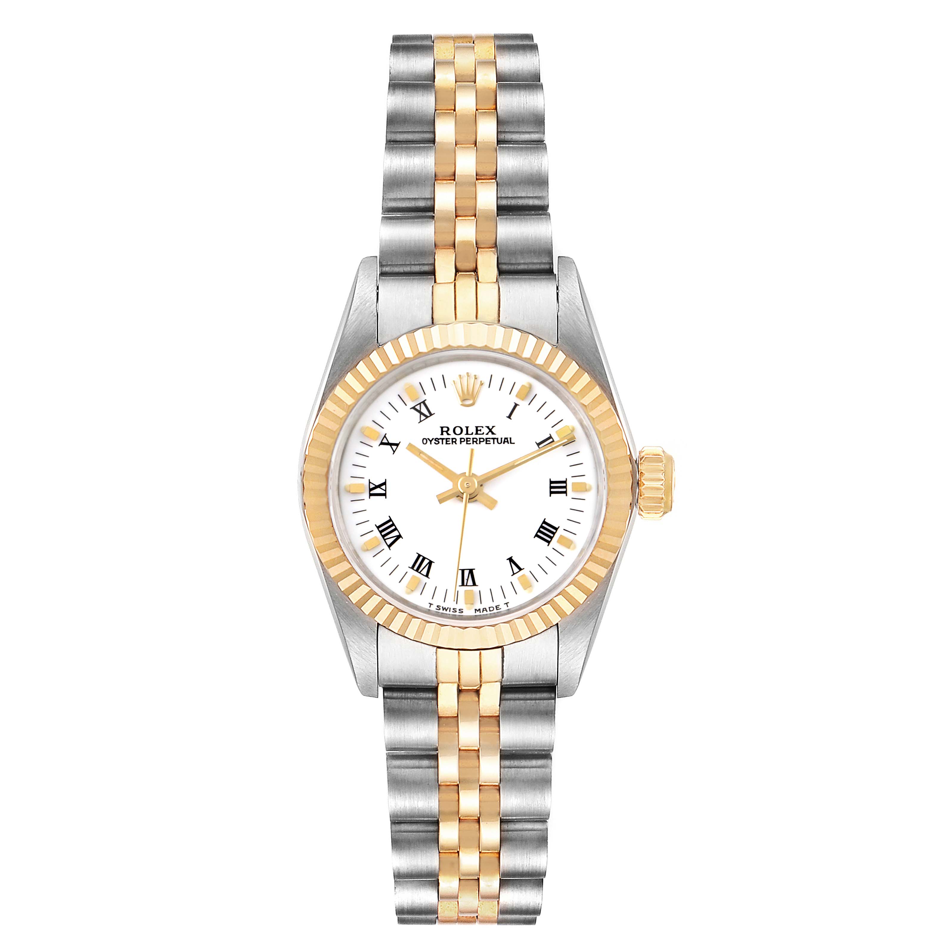 The image shows a frontal view of a Rolex Oyster Perpetual 67193 Women
s Steel and Gold (two tone) White Dial 67193 Women
s Steel and Gold (two tone) White Dial watch featuring a two-tone metal bracelet and a white dial with Roman numerals.